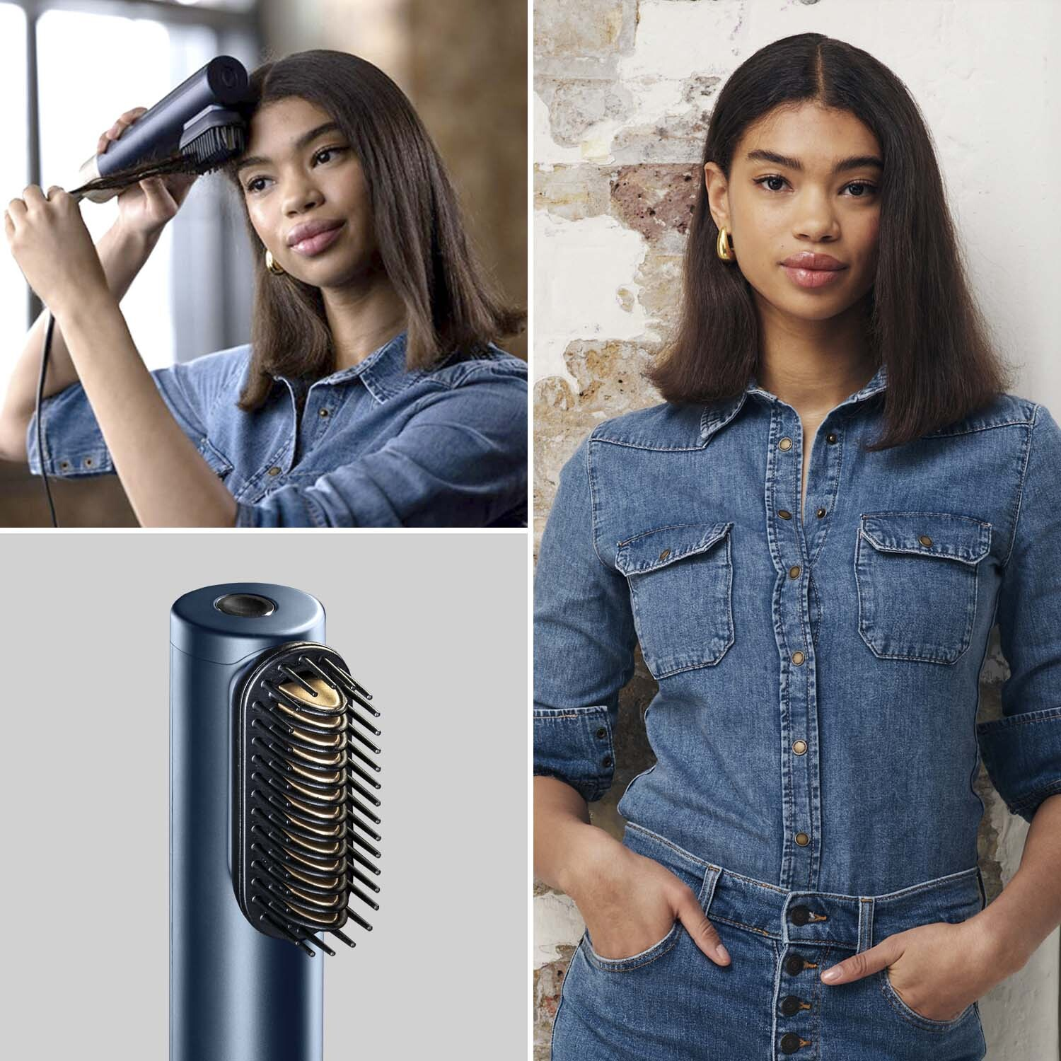 Vrouw met donker haar gebruikt een stijltang. Ze draagt een spijkerblouse en jeans. Close-up van de stijltang.