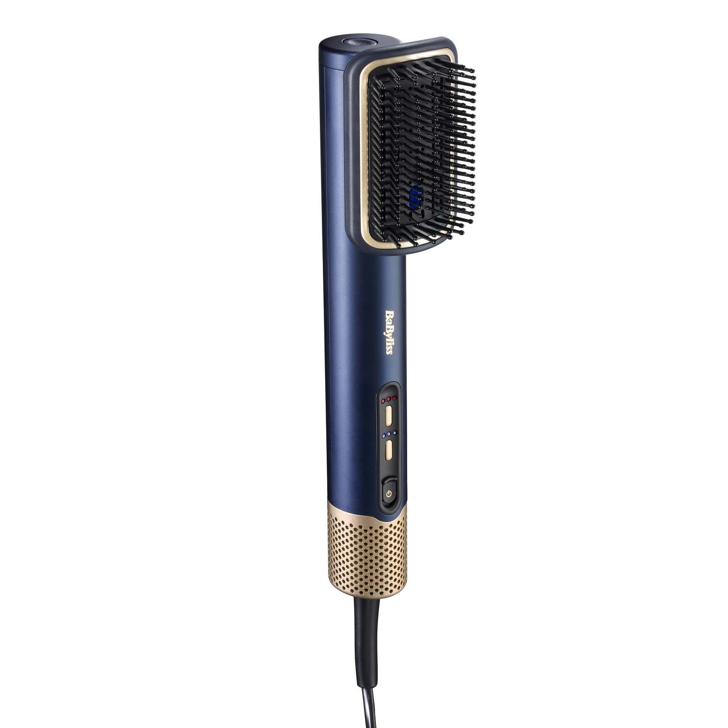 Een blauw-gouden Babyliss haarsteilborstel met een zwart borstelkop en een zwart netsnoer.