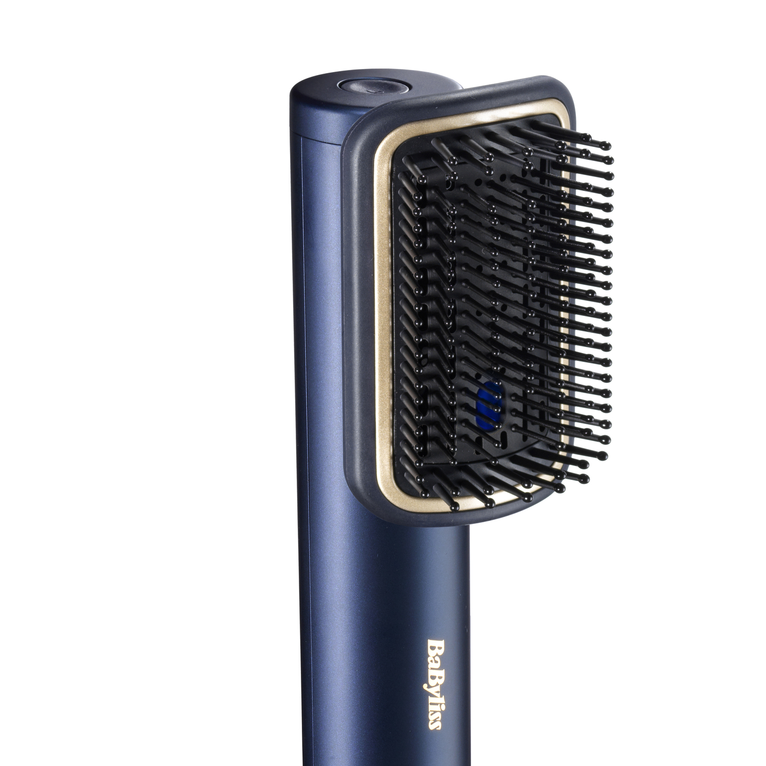 Een blauw met goudkleurige BaByliss haar straightening borstel met zwarte borstelharen. De achtergrond is wit.