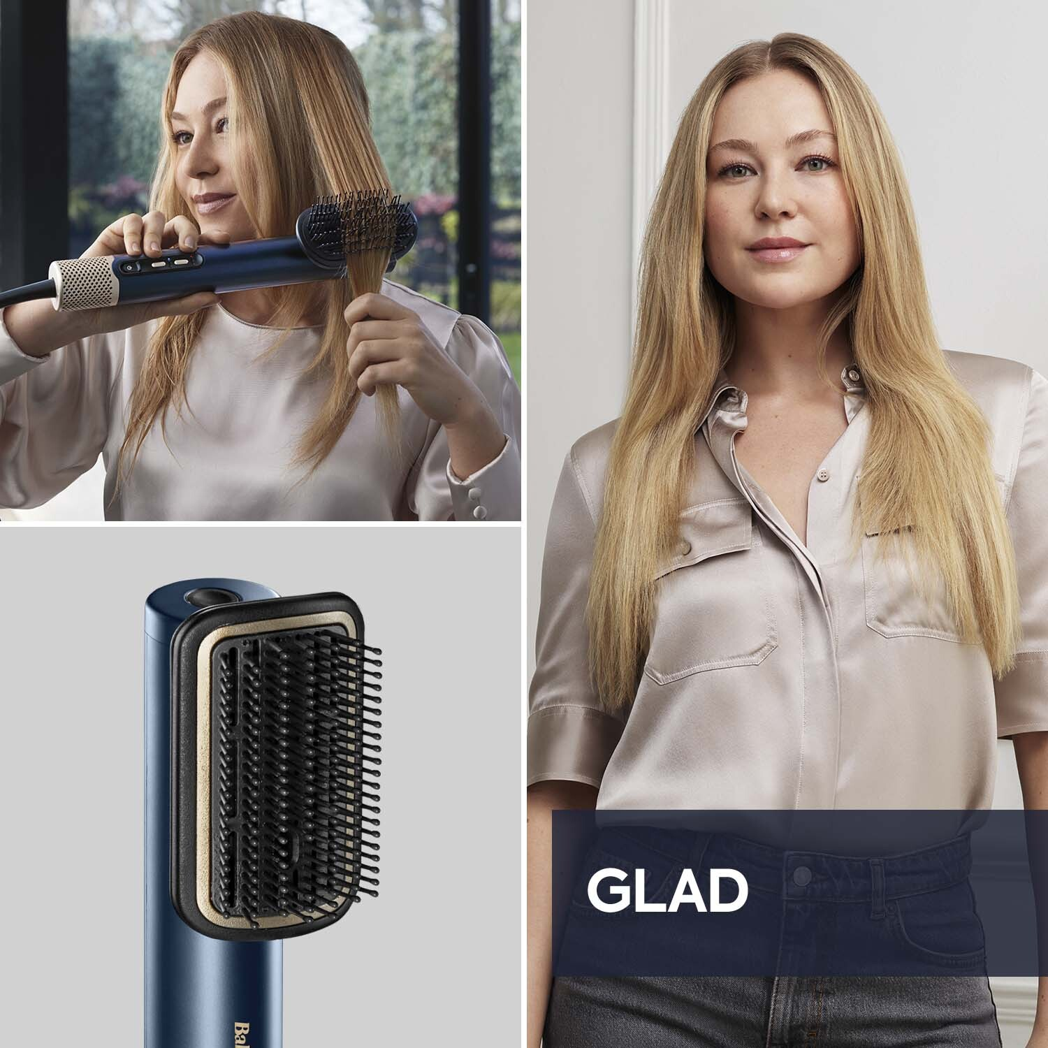 Blonde vrouw die een blauwe haarstylingtool gebruikt. De afbeelding is in drie delen gesplitst, de vrouw heeft lang, steil haar in twee delen.
