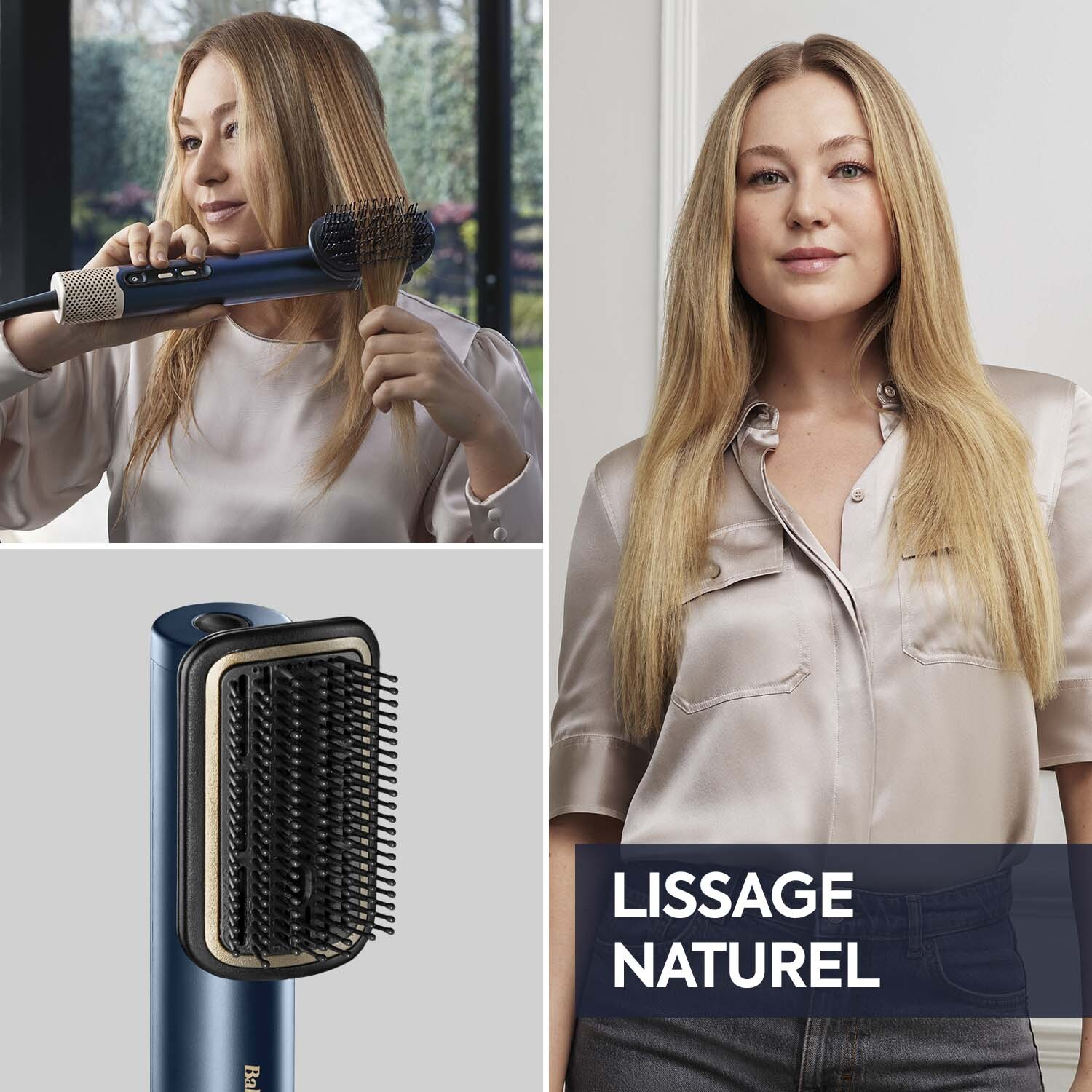 Une femme utilise un lisseur bleu. L'image montre une photo du produit et le résultat avec le texte 'Lissage Naturel'.