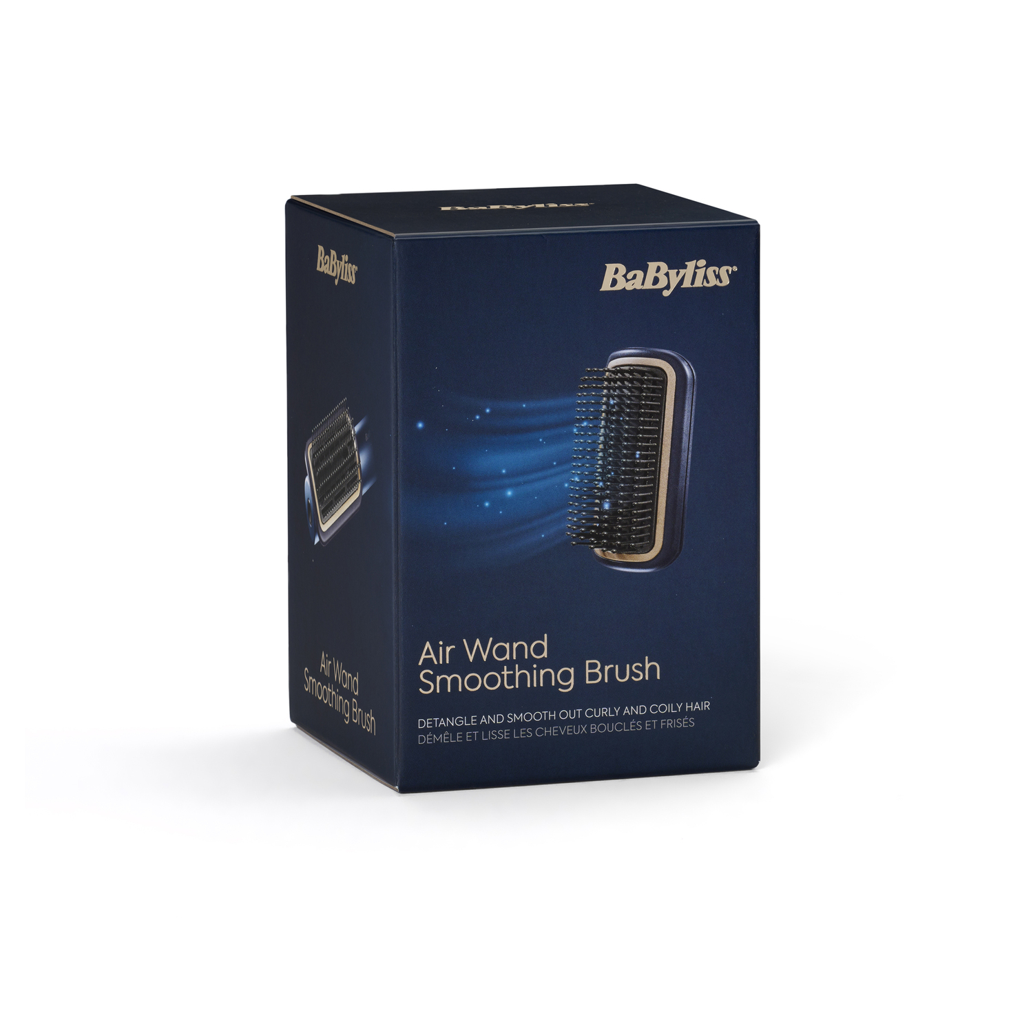 Een Babyliss Air Wand Smoothing Brush doos staat op een wit oppervlak. Het is marineblauw met gouden accenten en productdetails.