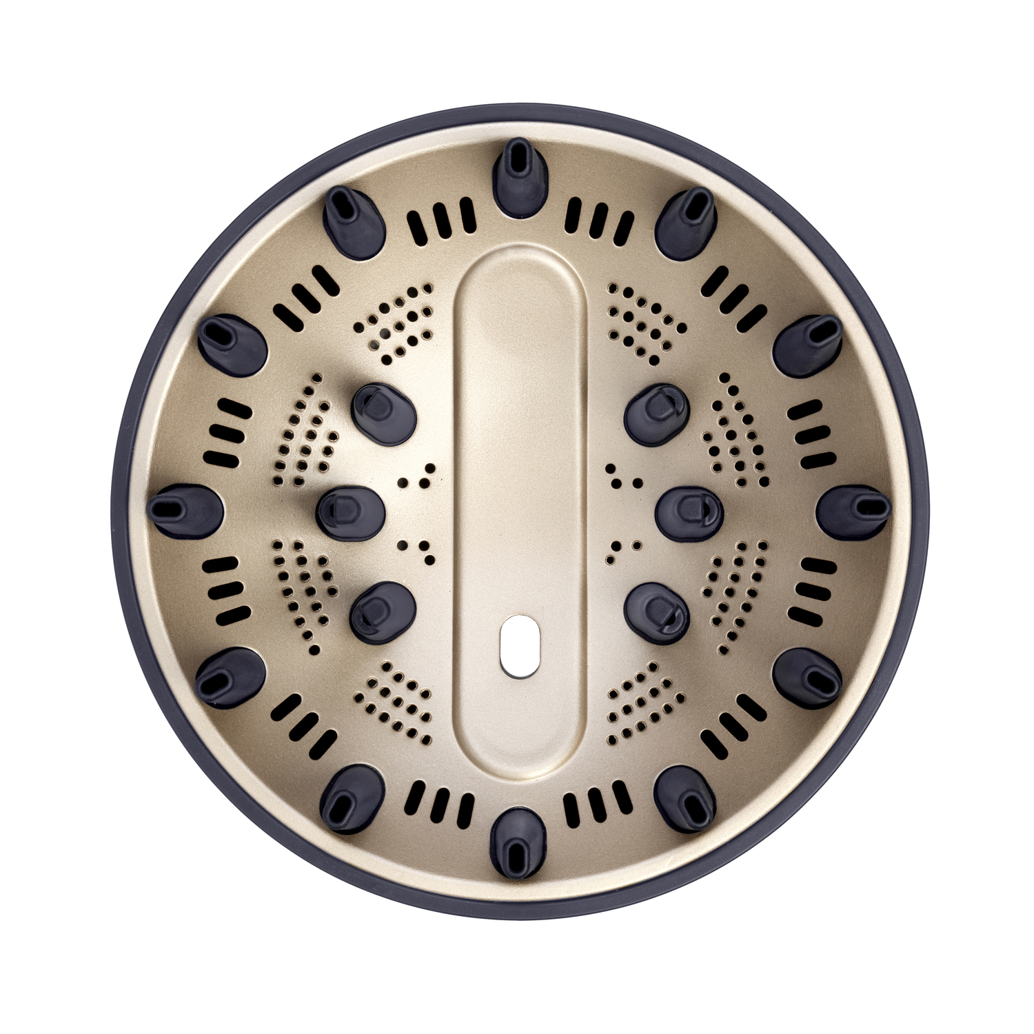 Top view of a hair dryer diffuser. It's gold with black nozzles and a black rim. Holes and a central slot are visible.
