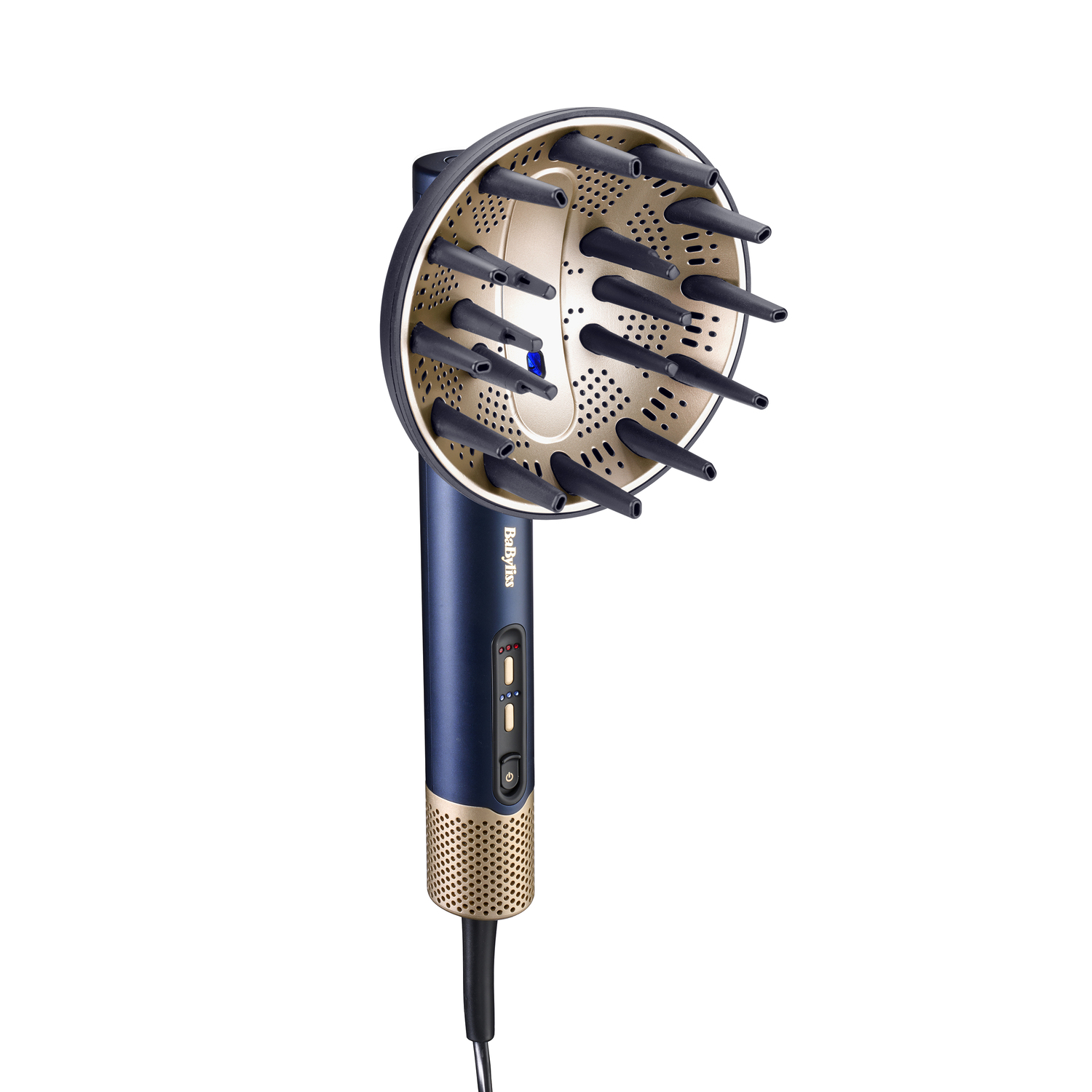 A Babyliss hair dryer with a circular diffuser. Colors include navy blue, gold, and black. Cable is black, background is white.