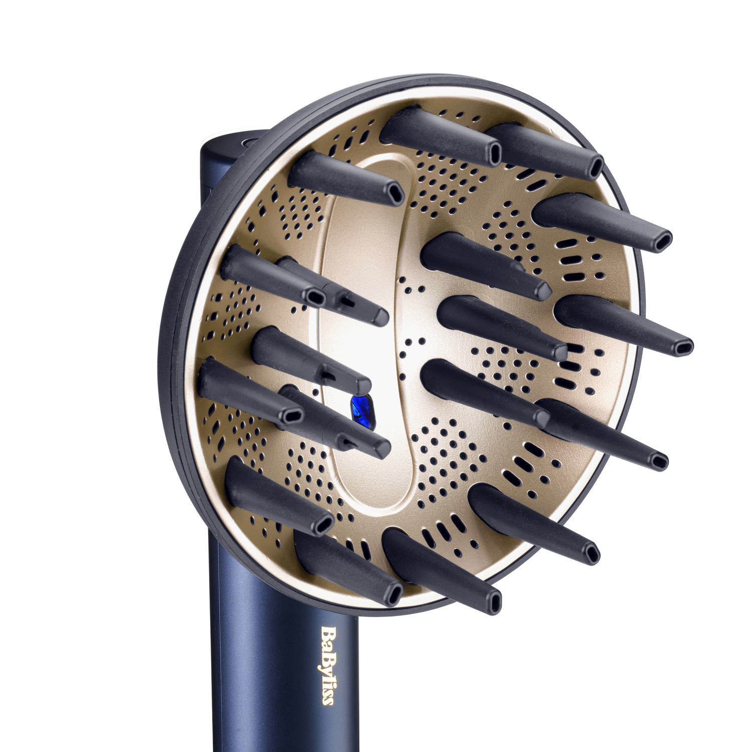 A Babyliss hair dryer diffuser. It has a gold interior with black nozzles. The handle is dark blue.