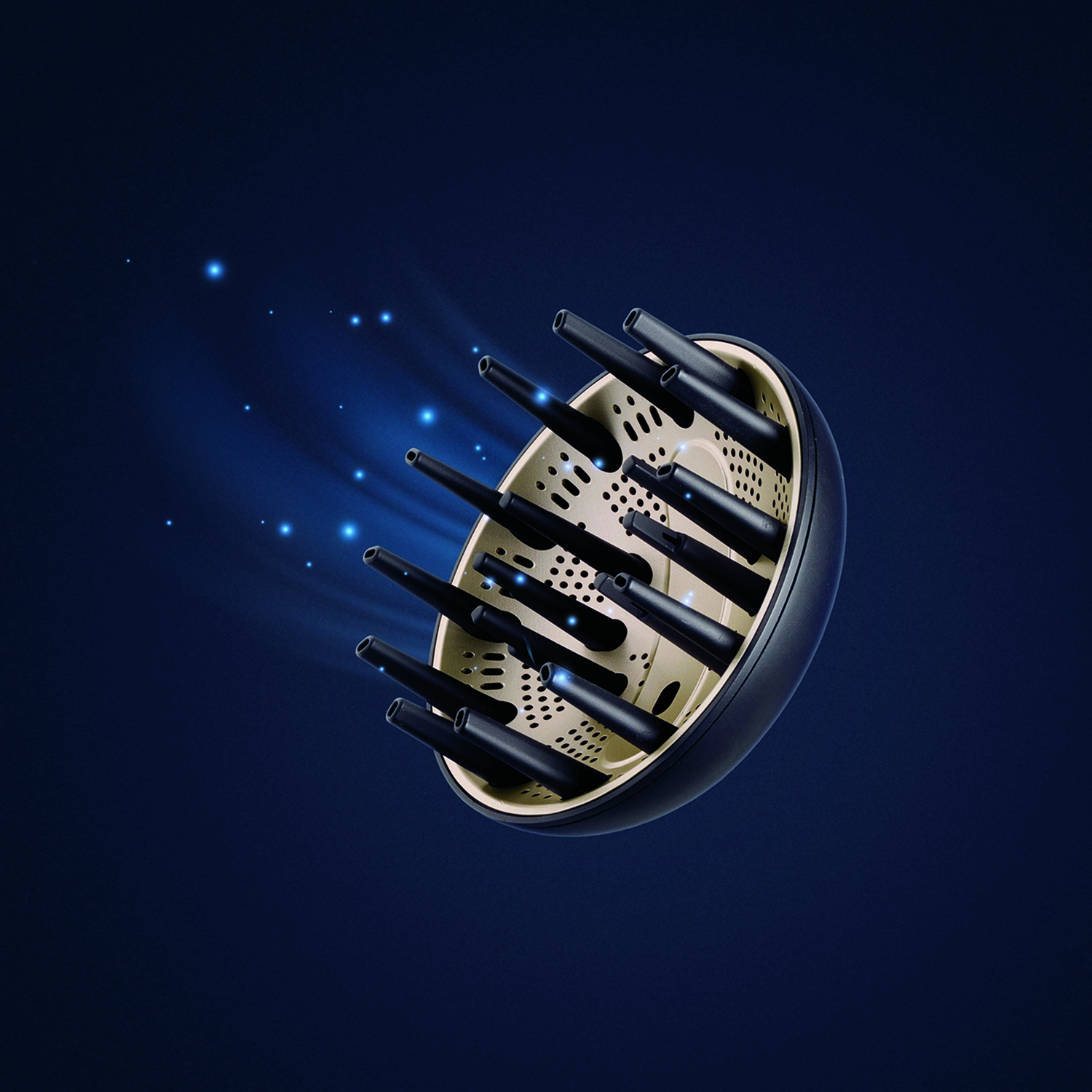 Hair dryer diffuser. Black nozzles, beige interior, black border. Blue sparks on a dark blue background.