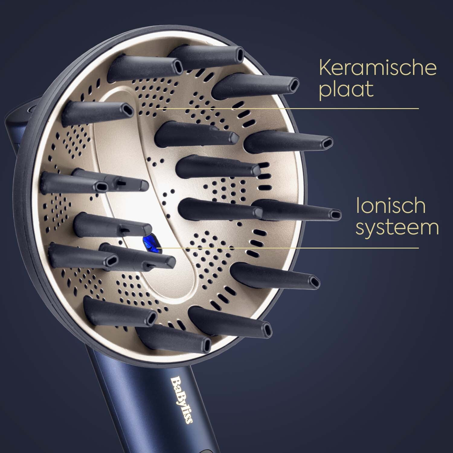Close-up of a hair dryer attachment. It has a gold ceramic plate with black nozzles. Text labels: ceramic plate, ionic system.