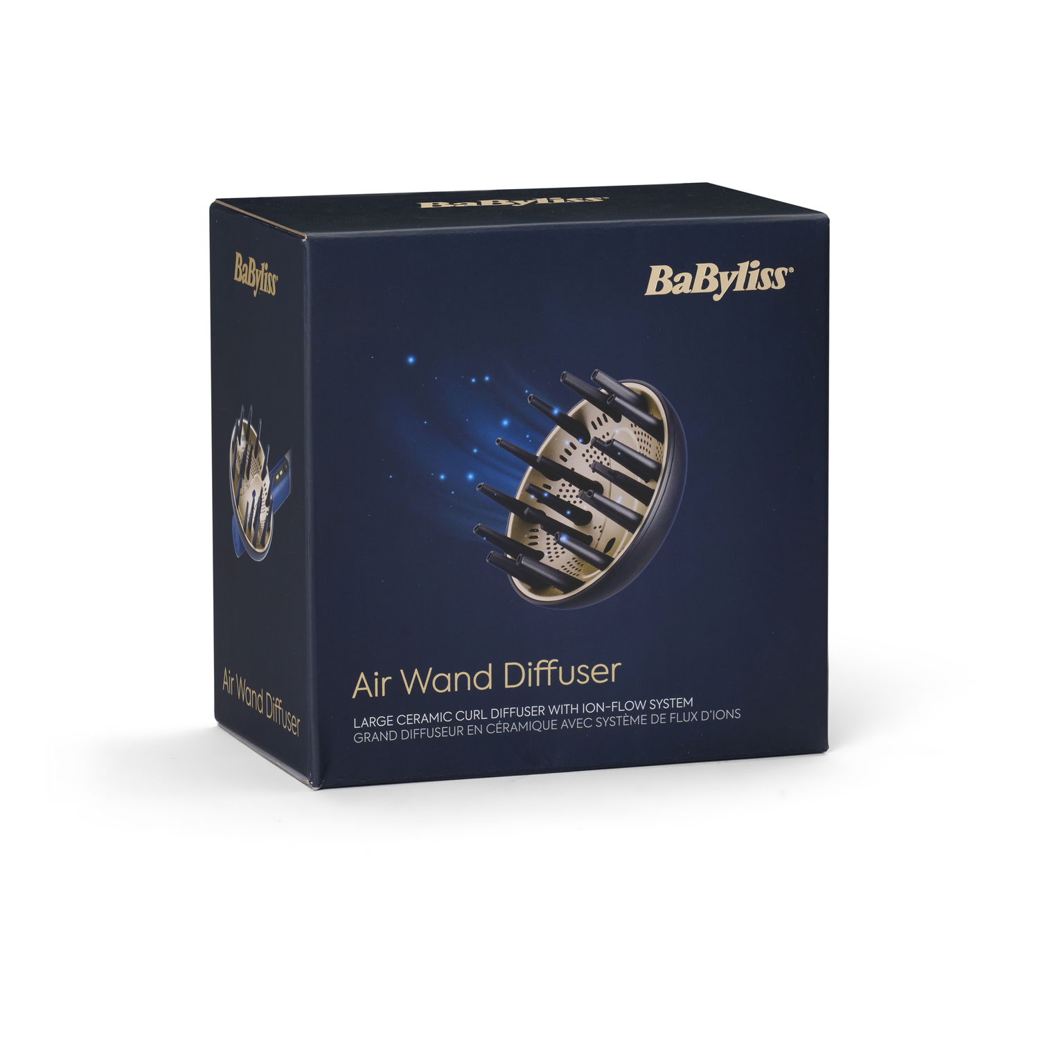 A dark blue box with a hair diffuser image. The box says 'BaByliss' and 'Air Wand Diffuser'.