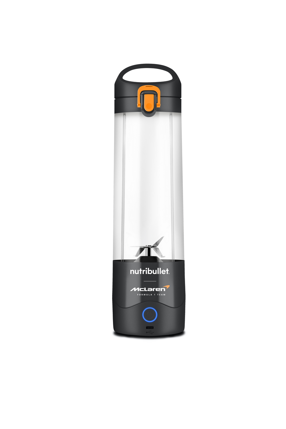Una licuadora Nutribullet con base negra, recipiente transparente y detalles naranjas. Logotipo de McLaren en la base.