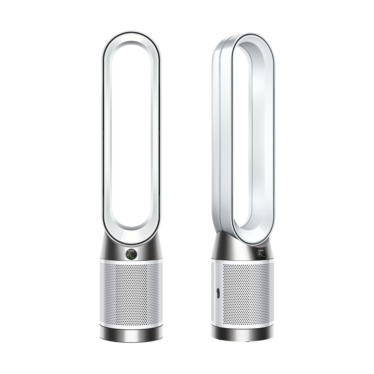Due purificatori d'aria Dyson bianchi e argentati. Uno è rivolto in avanti, l'altro è angolato. Entrambi hanno una base cilindrica e un anello in alto.