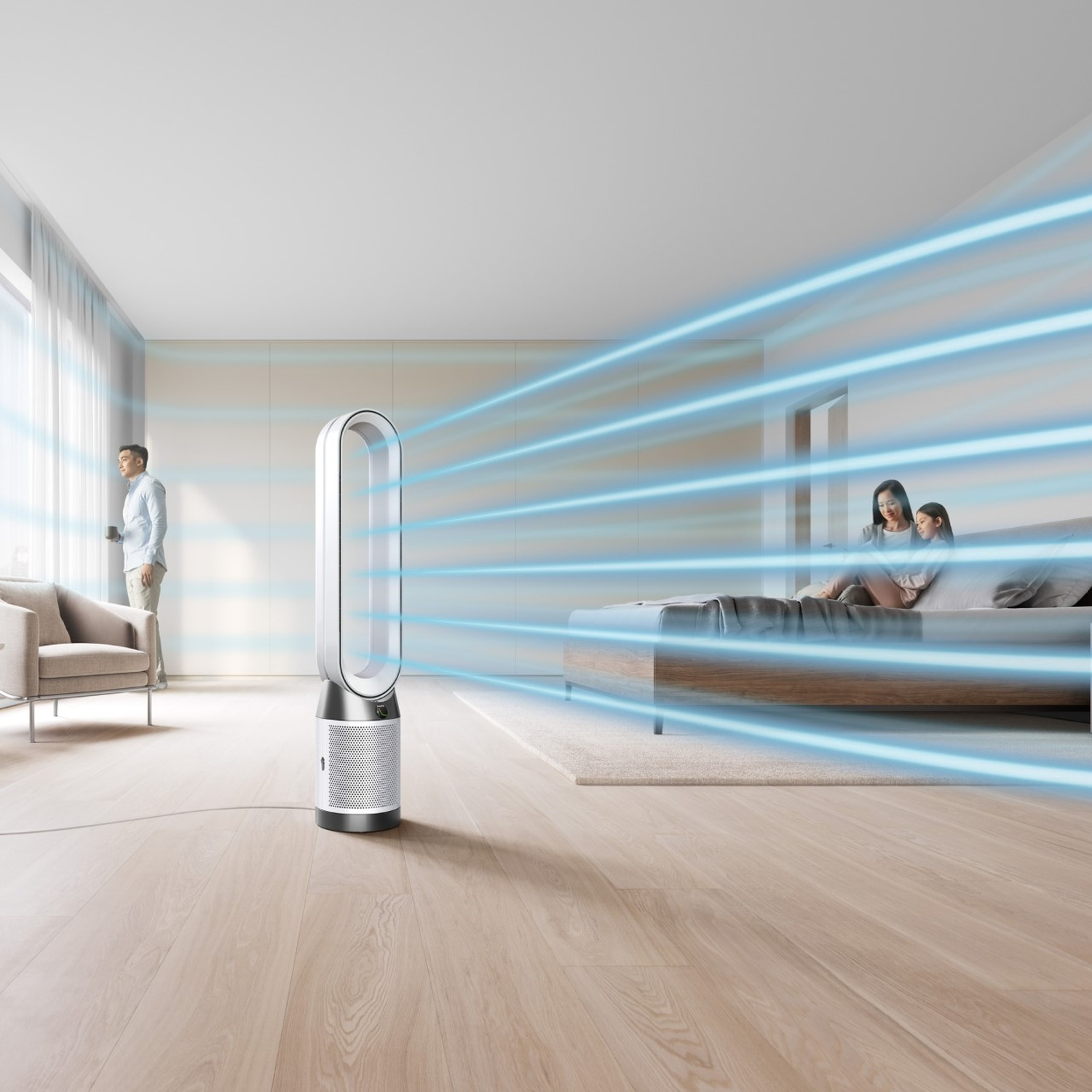 Purificatore d'aria in una stanza moderna. Un uomo guarda fuori dalla finestra, una donna e un bambino sono sul letto.