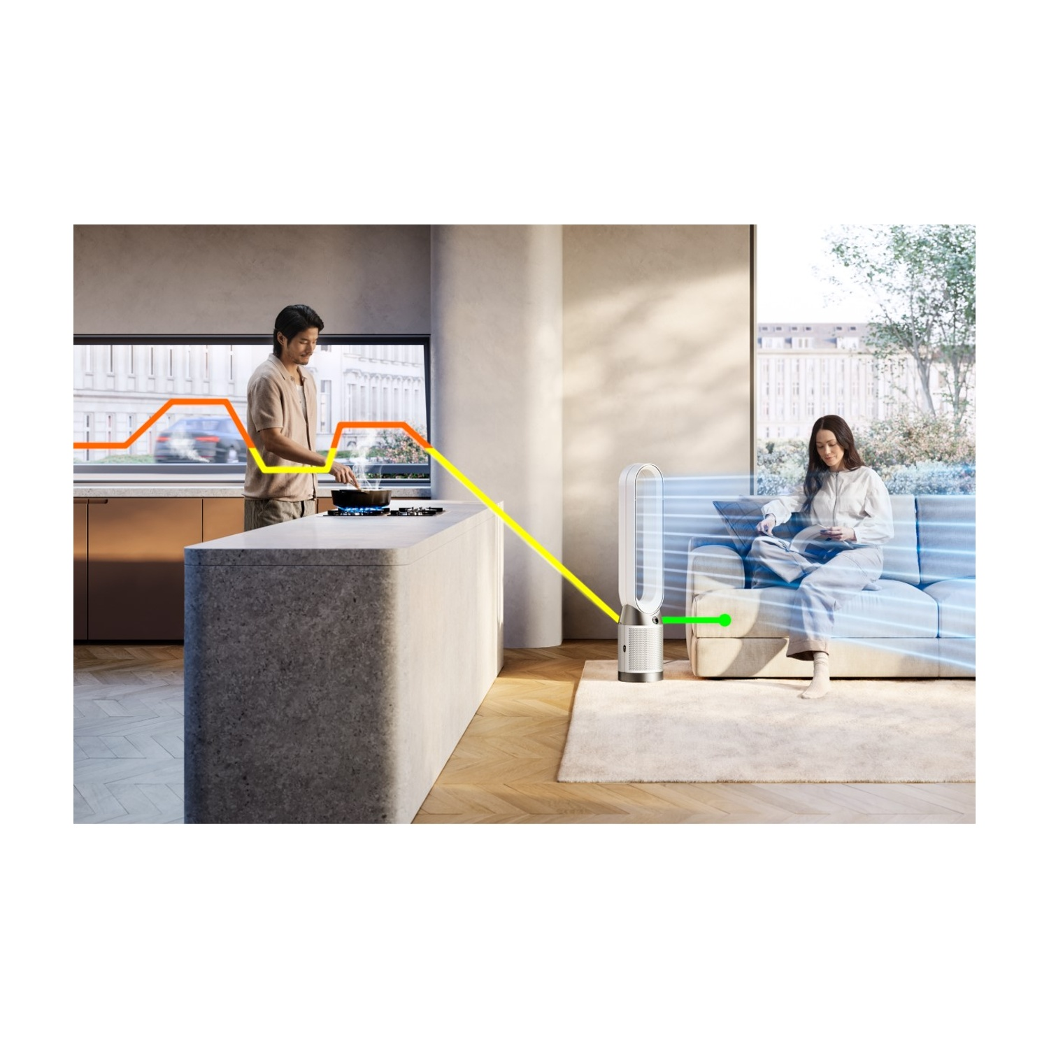 Uomo cucina, donna sul divano. Purificatore d'aria presente. Linee sovrapposte, forse per visualizzazione dati.