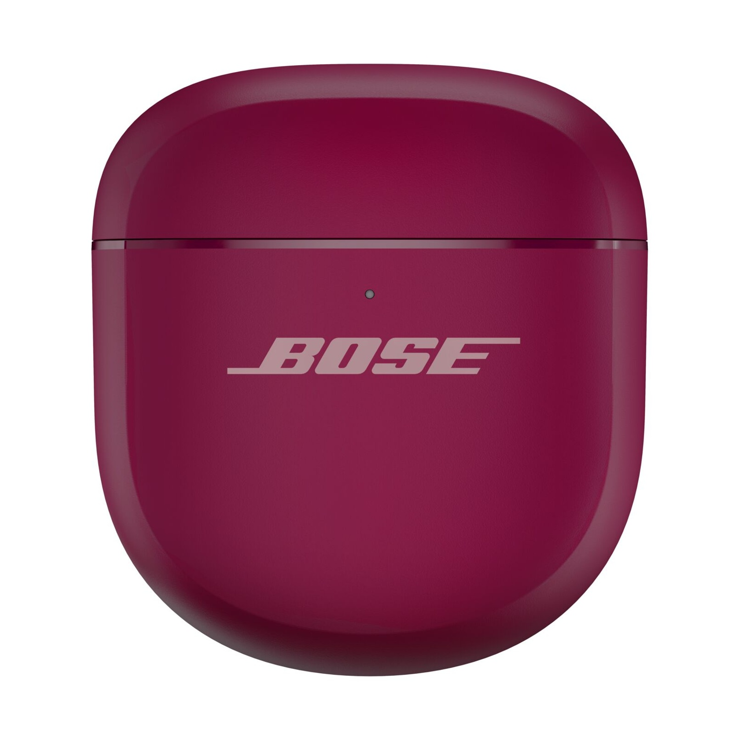 Ein weinrotes Bose-Kopfhörer-Etui ist zentriert. Das Bose-Logo ist weiß. Der Hintergrund ist weiß.