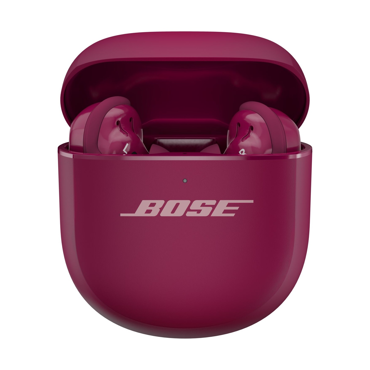 Magentafarbene Bose-Ohrhörer in einem offenen Etui. Das Etui und die Ohrhörer sind magenta. Das Bose-Logo ist sichtbar.