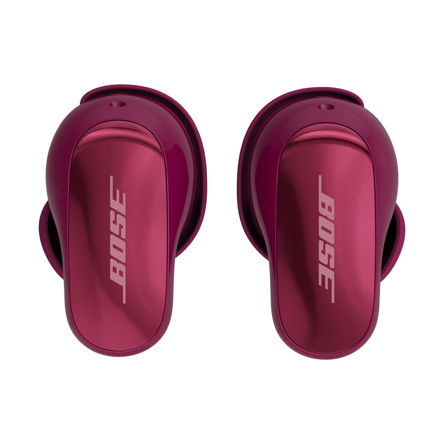 Zwei magentafarbene Bose-Ohrhörer, spiegelnde Oberfläche, weißer Hintergrund. Bose-Logo in Weiß.