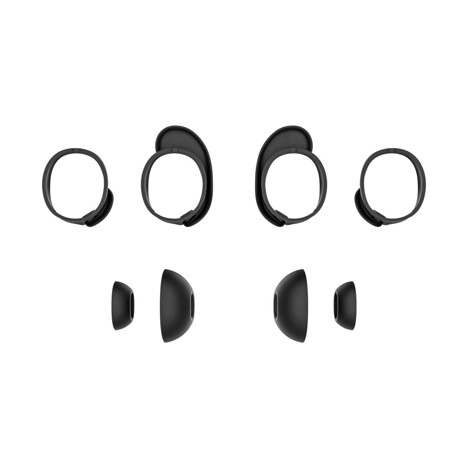 Accessori neri per auricolari: ganci e punte. Quattro ganci e quattro punte, tutti neri, disposti su sfondo bianco.