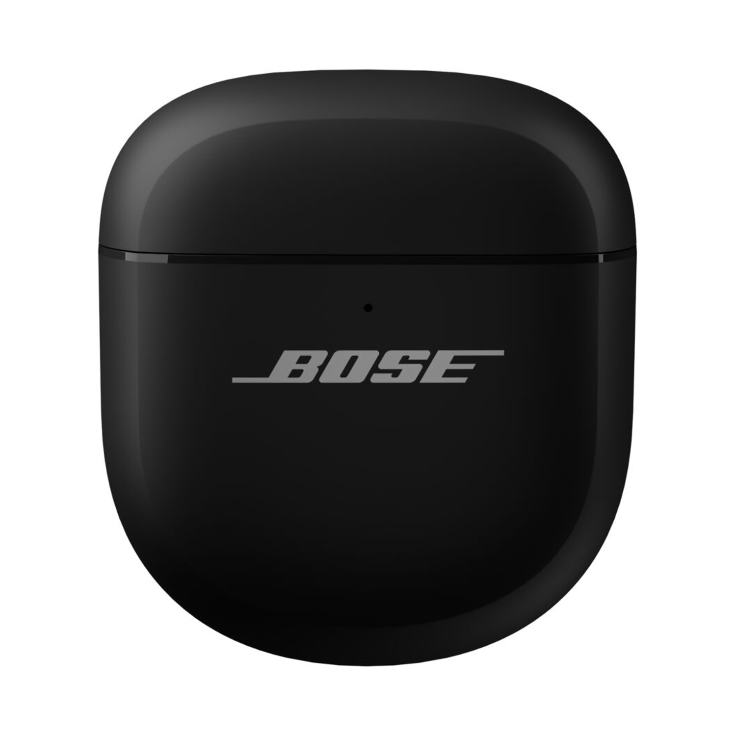 Custodia di ricarica nera per auricolari Bose, forma arrotondata, logo Bose sul davanti.