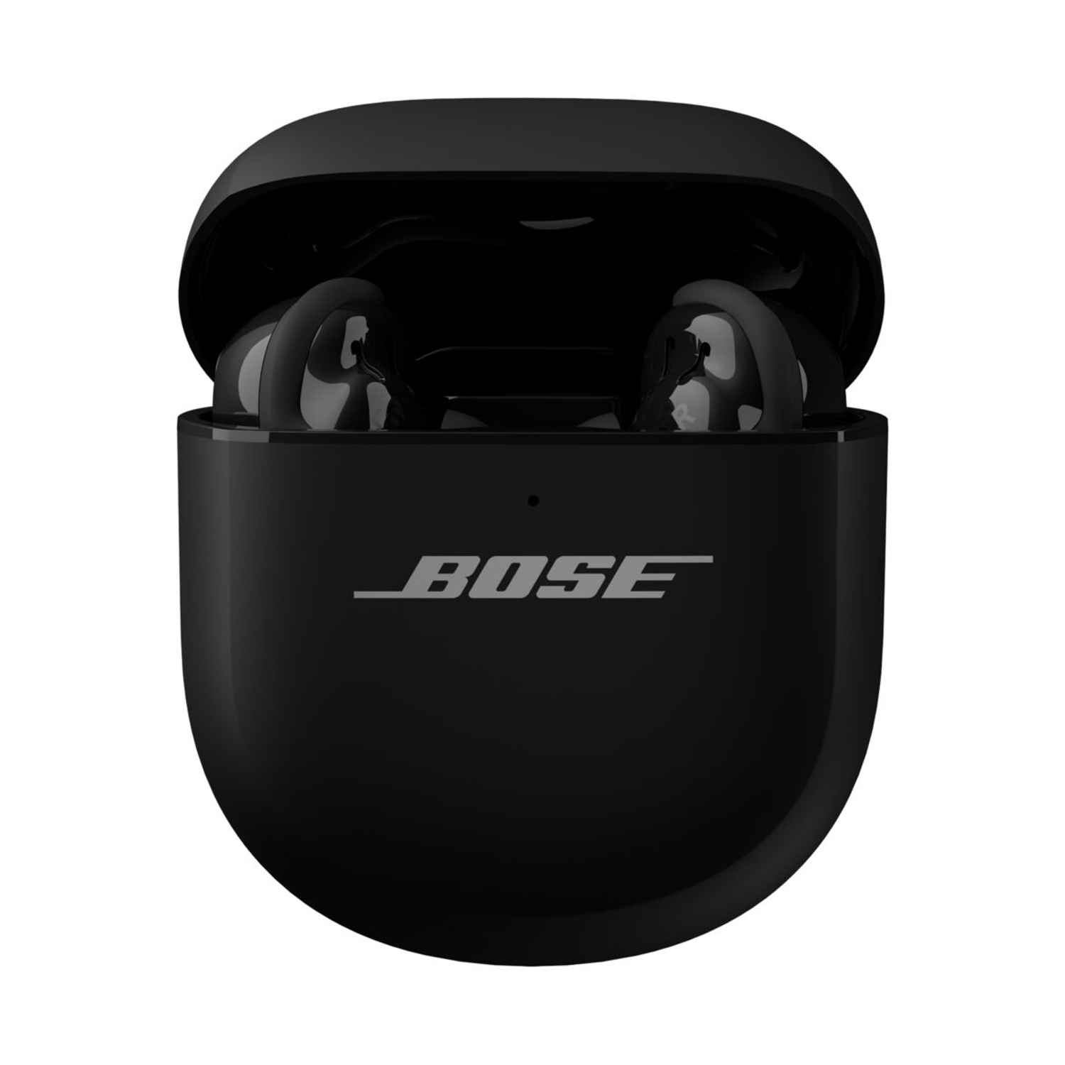 Auricolari Bose neri in una custodia di ricarica nera. Il coperchio è aperto, rivelando gli auricolari. Logo Bose sulla custodia.