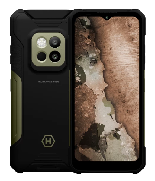 Wytrzymały czarny smartfon z etykietą Military Edition. Oliwkowo-zielone akcenty, wiele tylnych kamer i wzorzysty ekran.