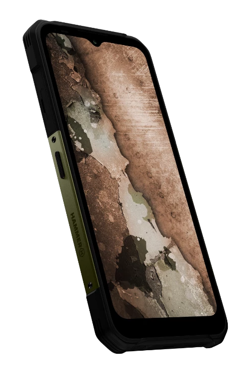 Wytrzymały smartfon z czarną i oliwkową obudową, ekran wyświetla abstrakcyjny brązowy i szary wzór. Czarne tło.