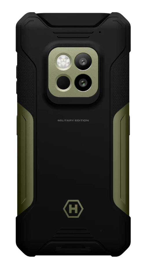 Czarne i oliwkowozielone etui na telefon. Posiada aparat, lampę błyskową i logo. Tekst "MILITARY EDITION".