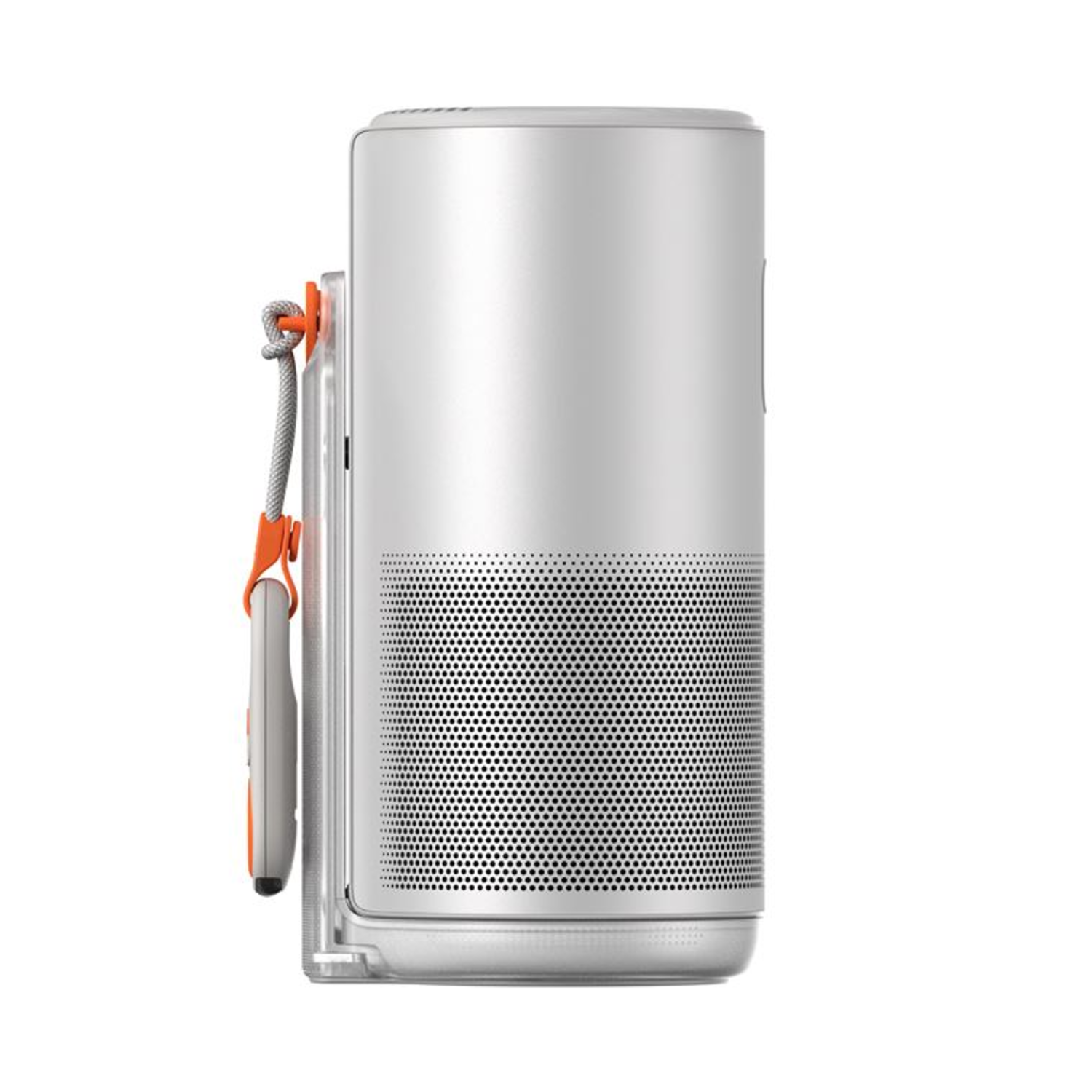 Een cilindrische, zilverkleurige luidspreker met een zwart geperforeerde voorkant. Het heeft een oranje band en een grijze afstandsbediening.