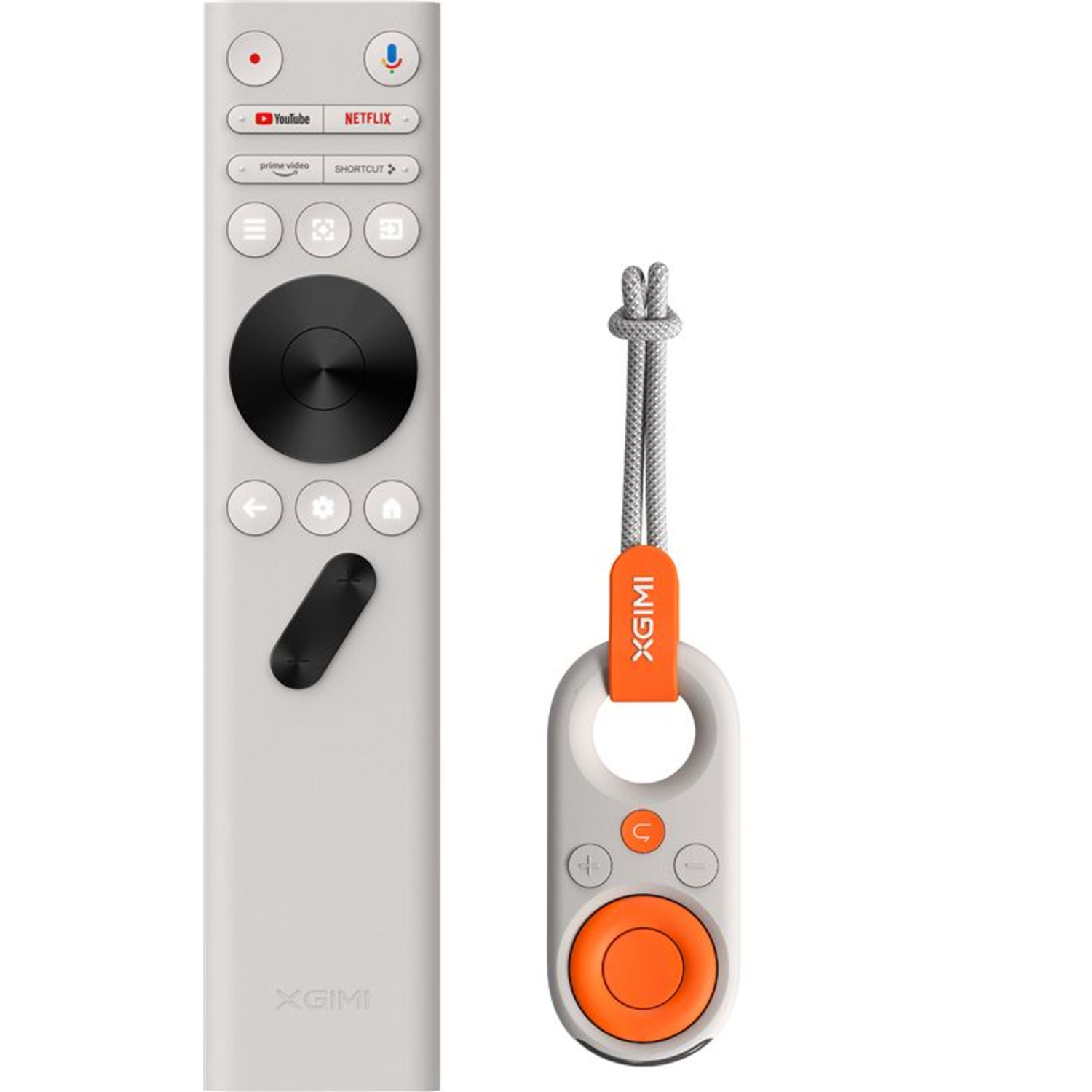 Two white XGIMI remotes. One with buttons and a black dial. The other has an orange circle and XGIMI logo.