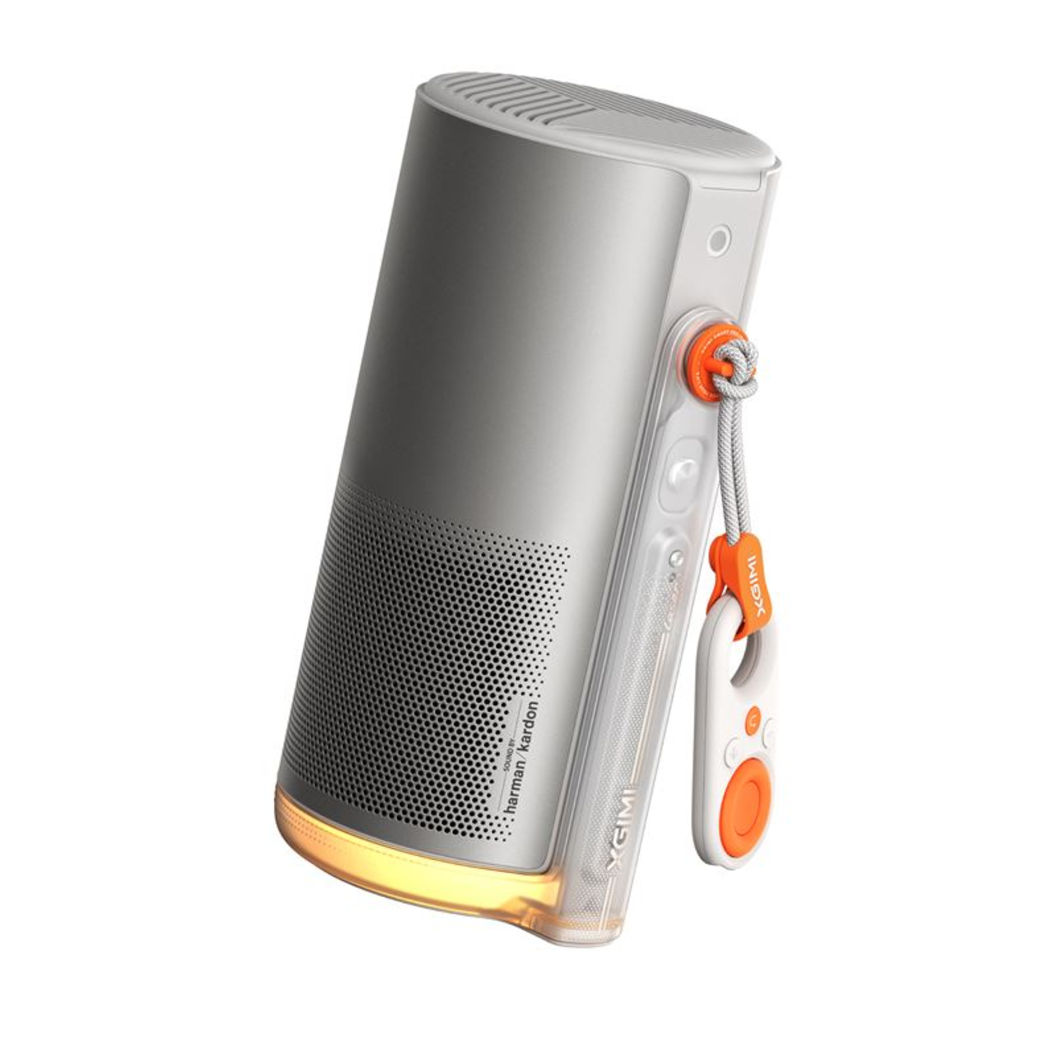 A gray and white XGIMI speaker with an orange strap and remote, against a white background. Harman Kardon branding is visible.