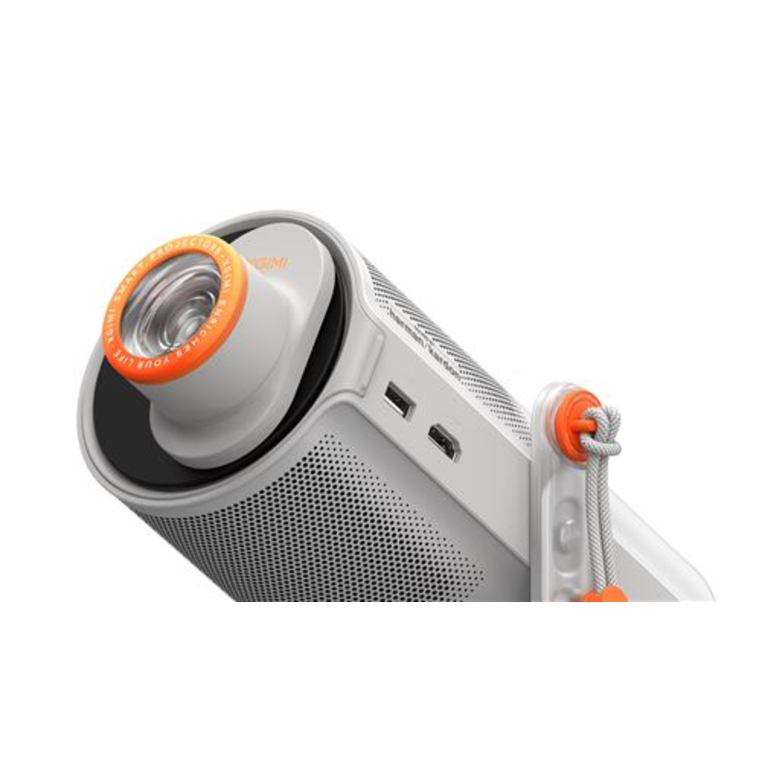 White projector with orange accents, visible ports, and a gray rope handle. White background.