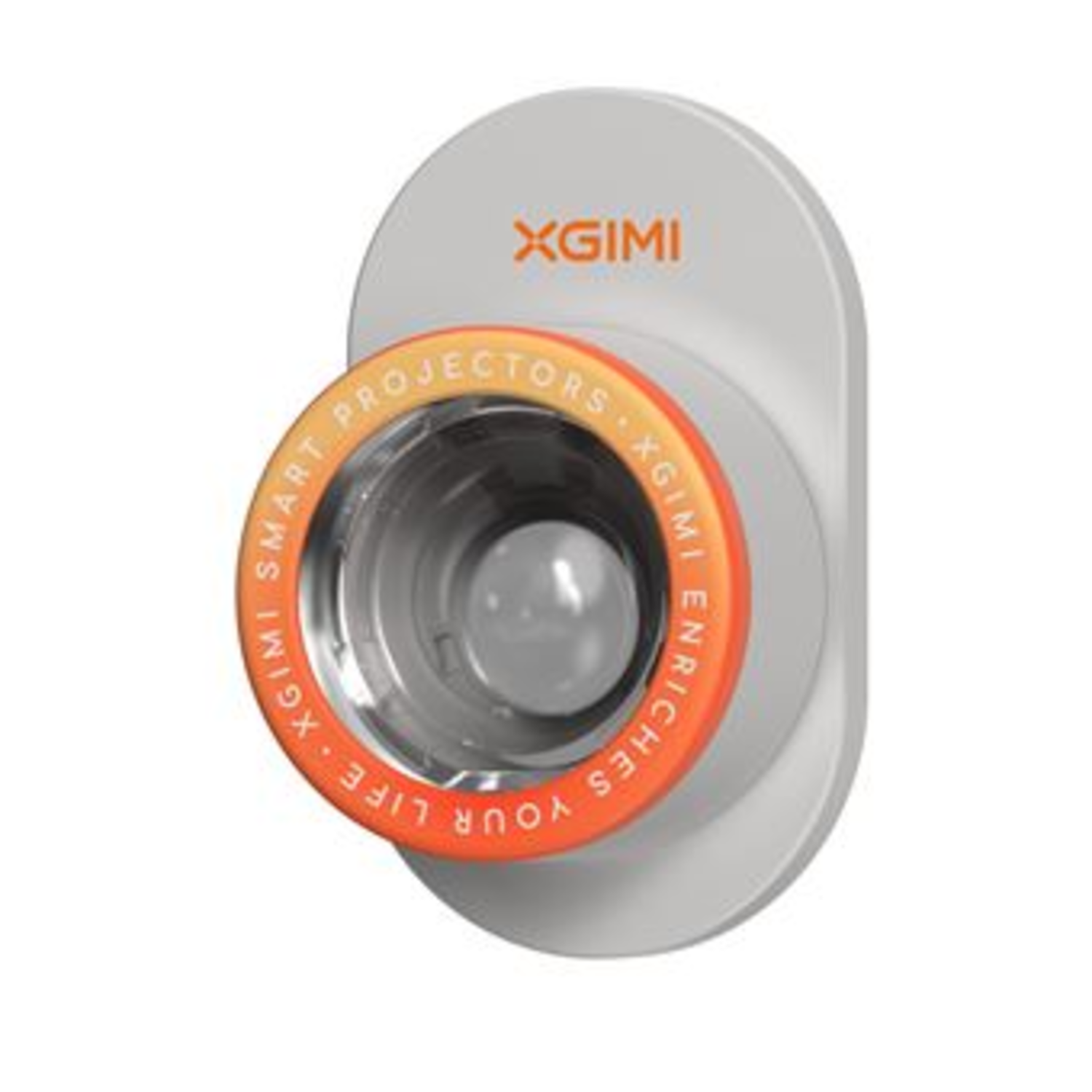 Een projector, met oranje en grijze kleuren. Het merk is XGIMI en de tekst "SMART PROJECTORS" is oranje geschreven.