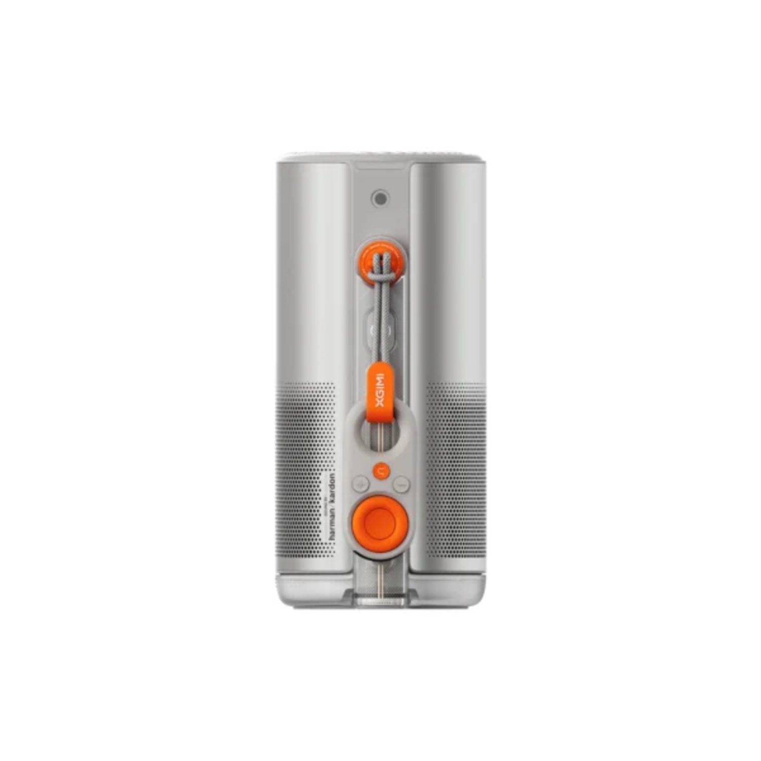 Haut-parleur argenté avec accents orange, XGIMI, Harman Kardon. Comprend une poignée et des boutons de commande. Isolé sur fond blanc.