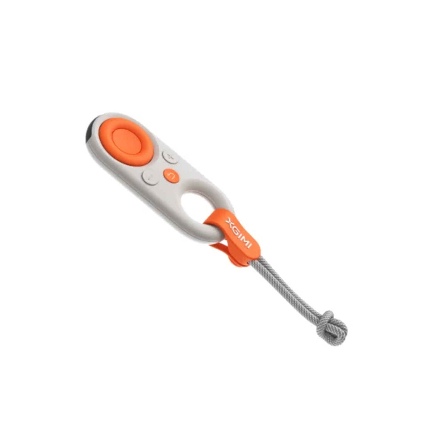 Une télécommande blanche et orange sur fond blanc. Elle a des boutons et une corde grise attachée.