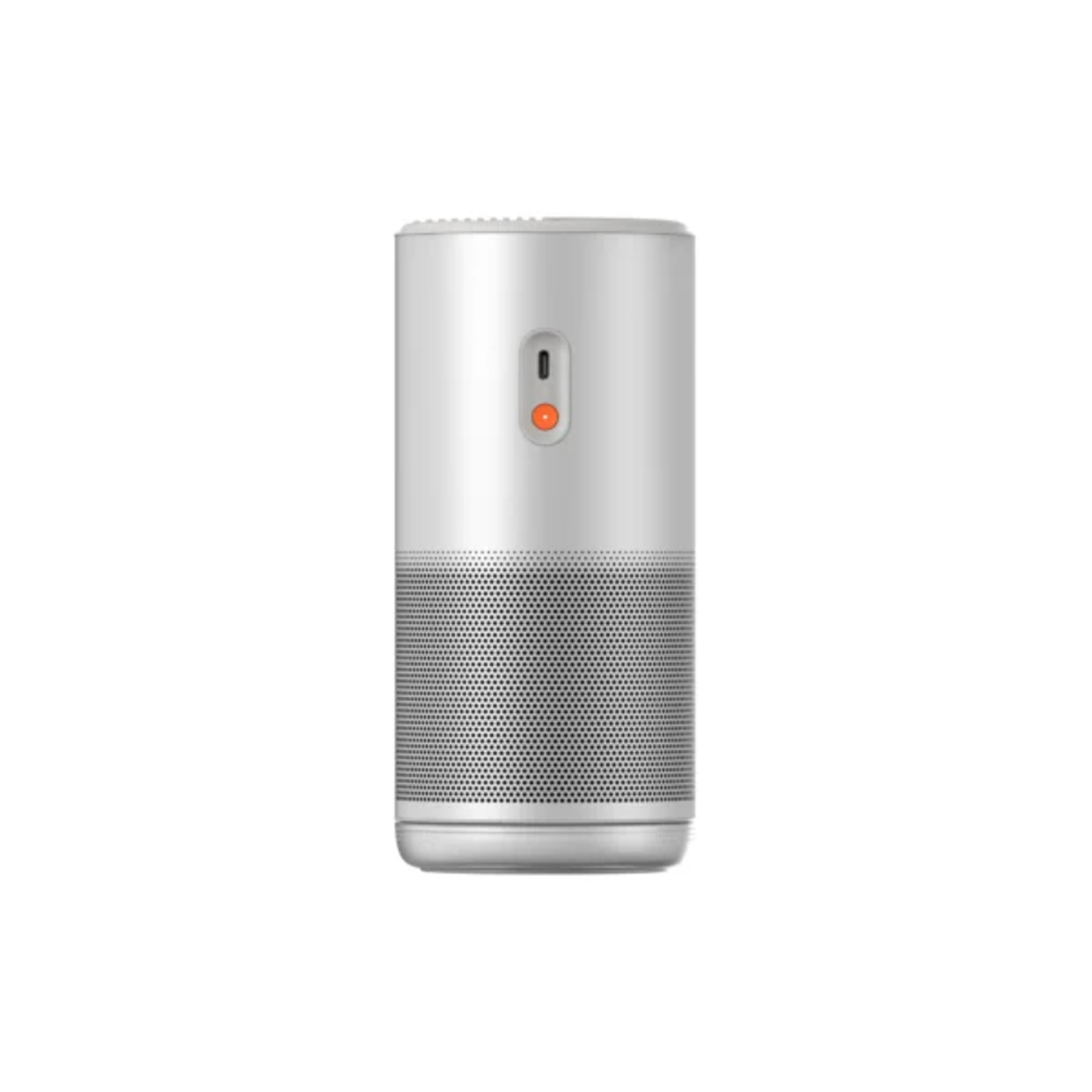 Un haut-parleur cylindrique blanc avec une section inférieure perforée. Une lumière orange est allumée. Isolé sur fond blanc.