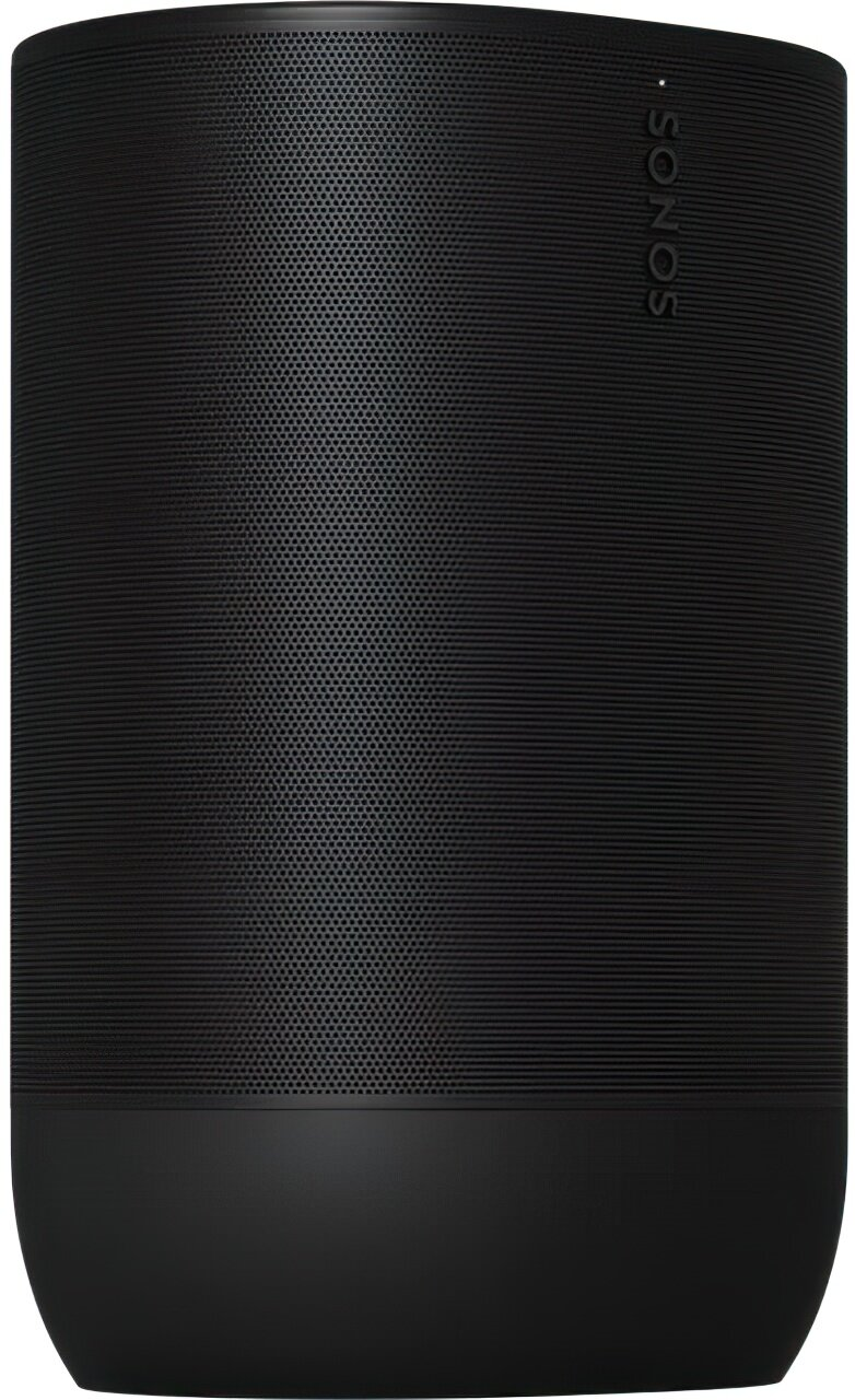 Czarny głośnik Sonos. Ma siatkową górę, gładkie dno i logo Sonos z boku.