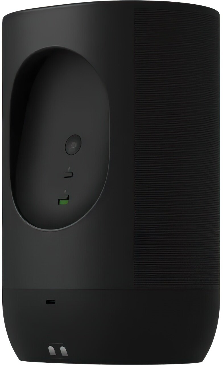 Czarny głośnik z teksturowanym bokiem i wnęką z światłami i przyciskami. Zaokrąglone dno z dwoma małymi otworami.