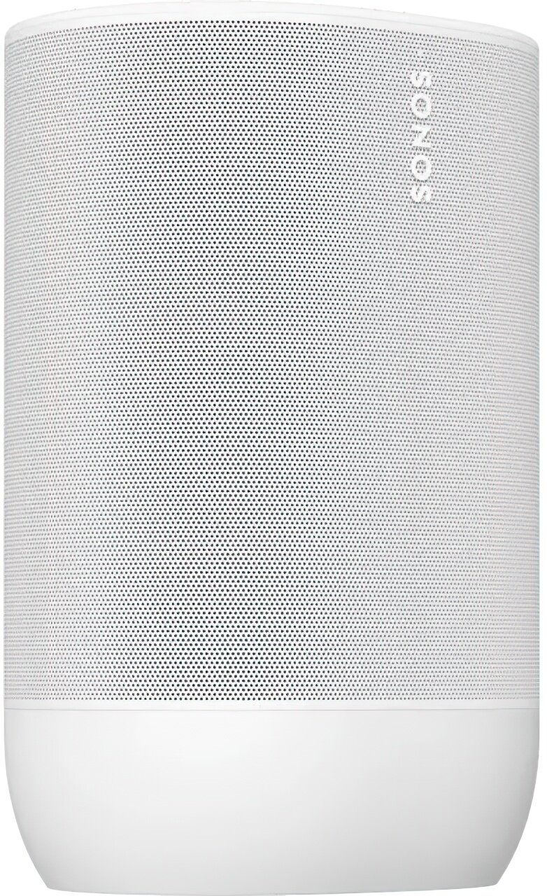 Biały głośnik Sonos. Głośnik jest cylindryczny, z perforowaną siatką na górze i solidną, zaokrągloną podstawą.