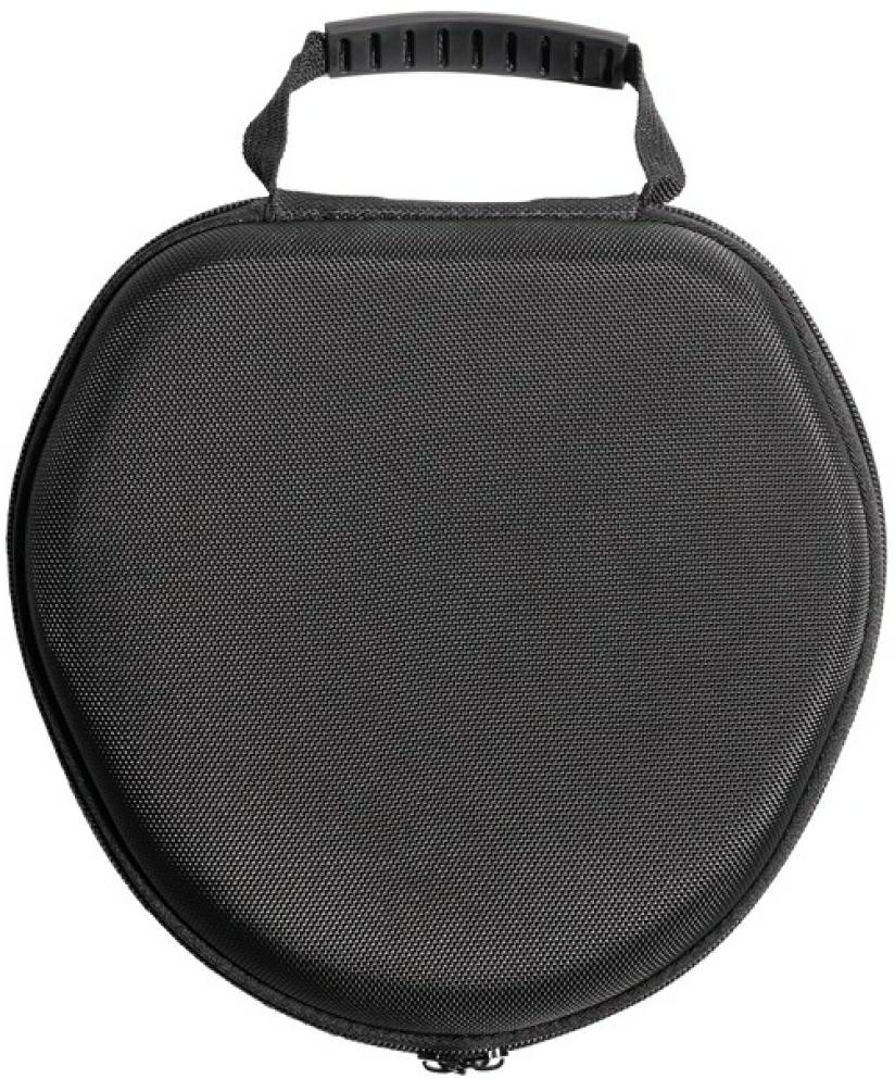 Czarny, owalny futerał do przenoszenia słuchawek. Ma uchwyt na górze i zamek błyskawiczny na dole.