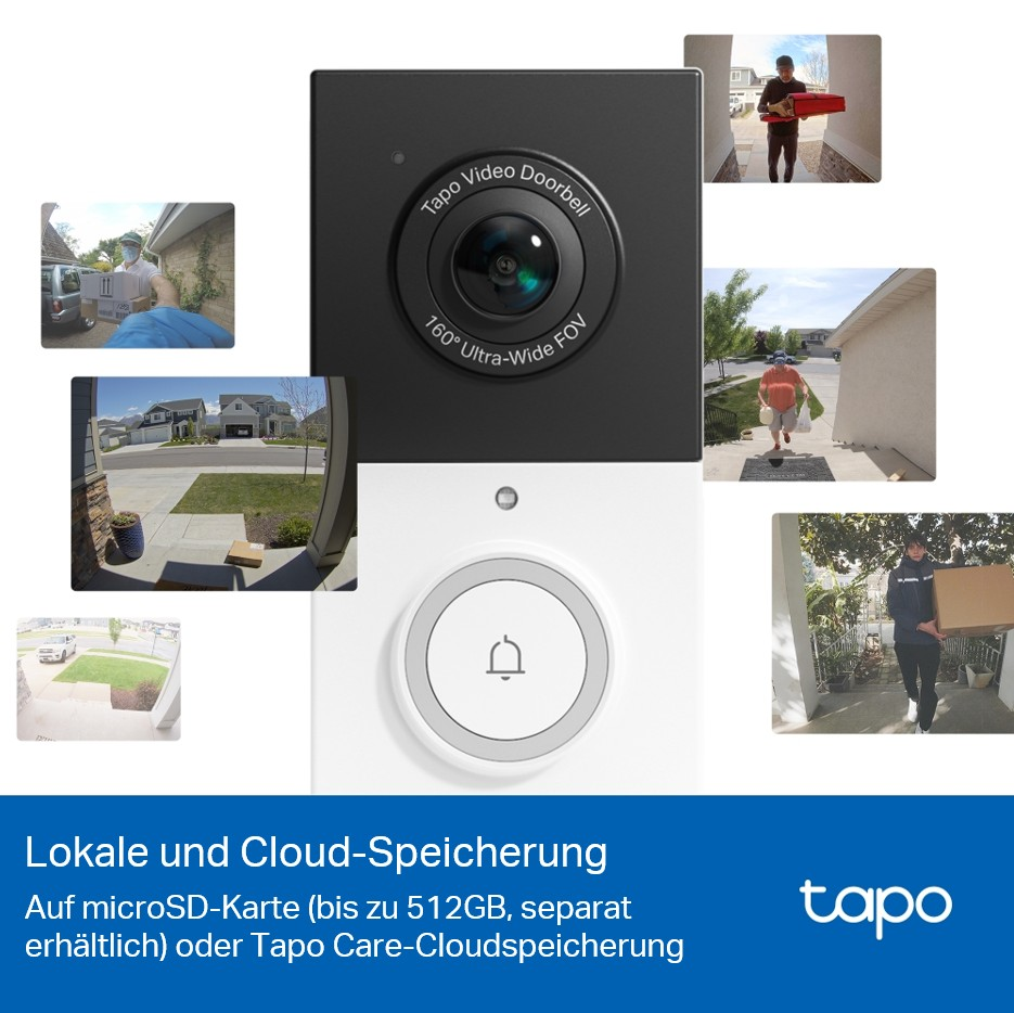 Tapo-Video-Türklingel mit Weitwinkelansicht, die Lieferszenen mit Personen und Paketen zeigt.