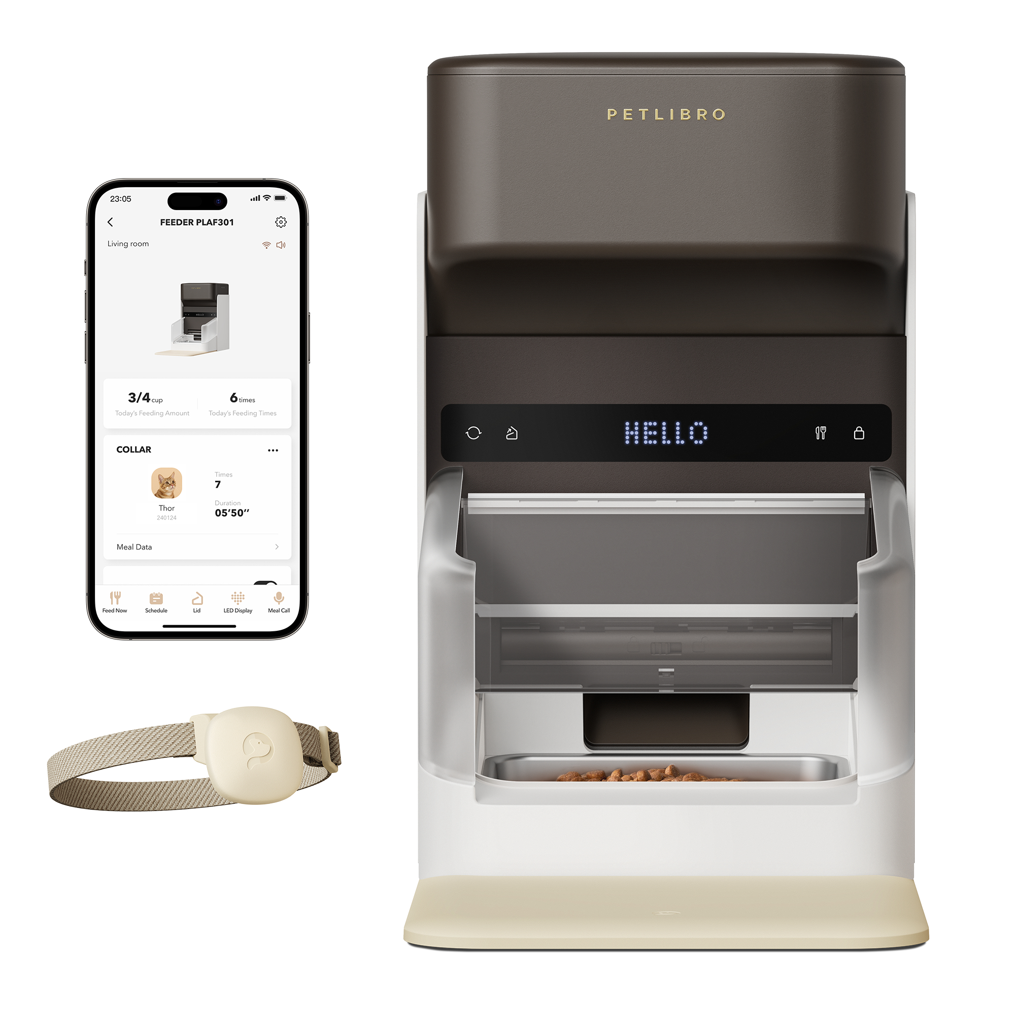 Ein Haustierfutterautomat und -halsband mit einer verbundenen App. Der Futterautomat zeigt "HELLO". Die App zeigt Fütterungsdaten.