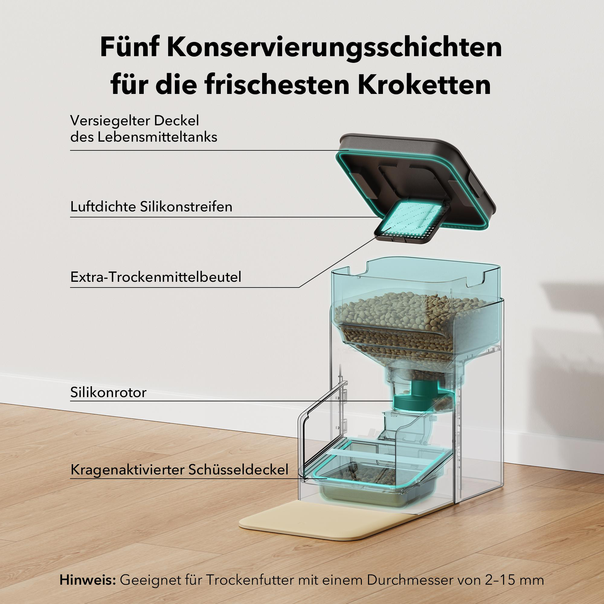 Automatischer Tierfutterspender mit transparentem Futterbehälter und Futternapf.