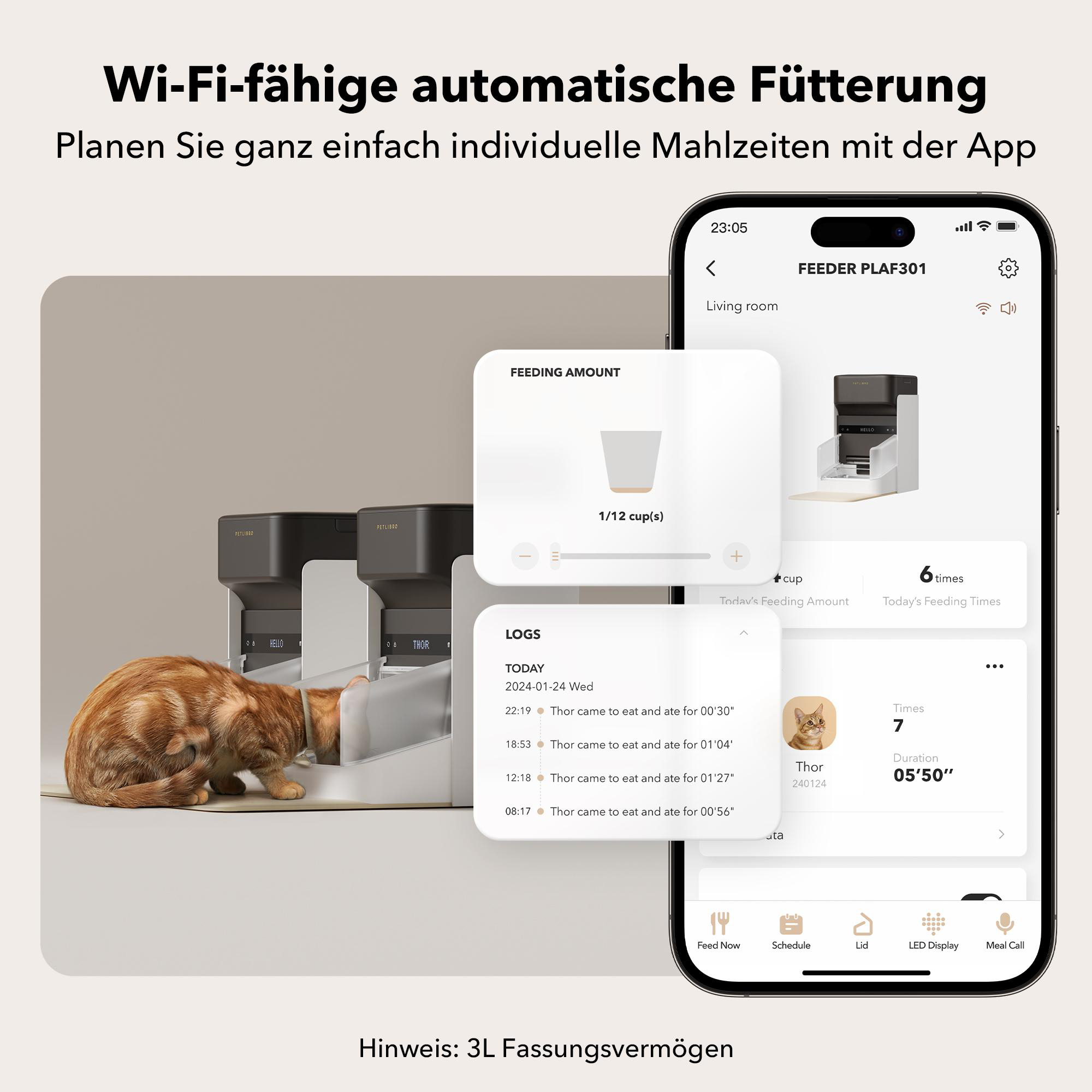Eine orange Katze frisst aus einem Futterautomaten. App zeigt Fütterungsplan. Hintergrund: Futterautomat & App.
