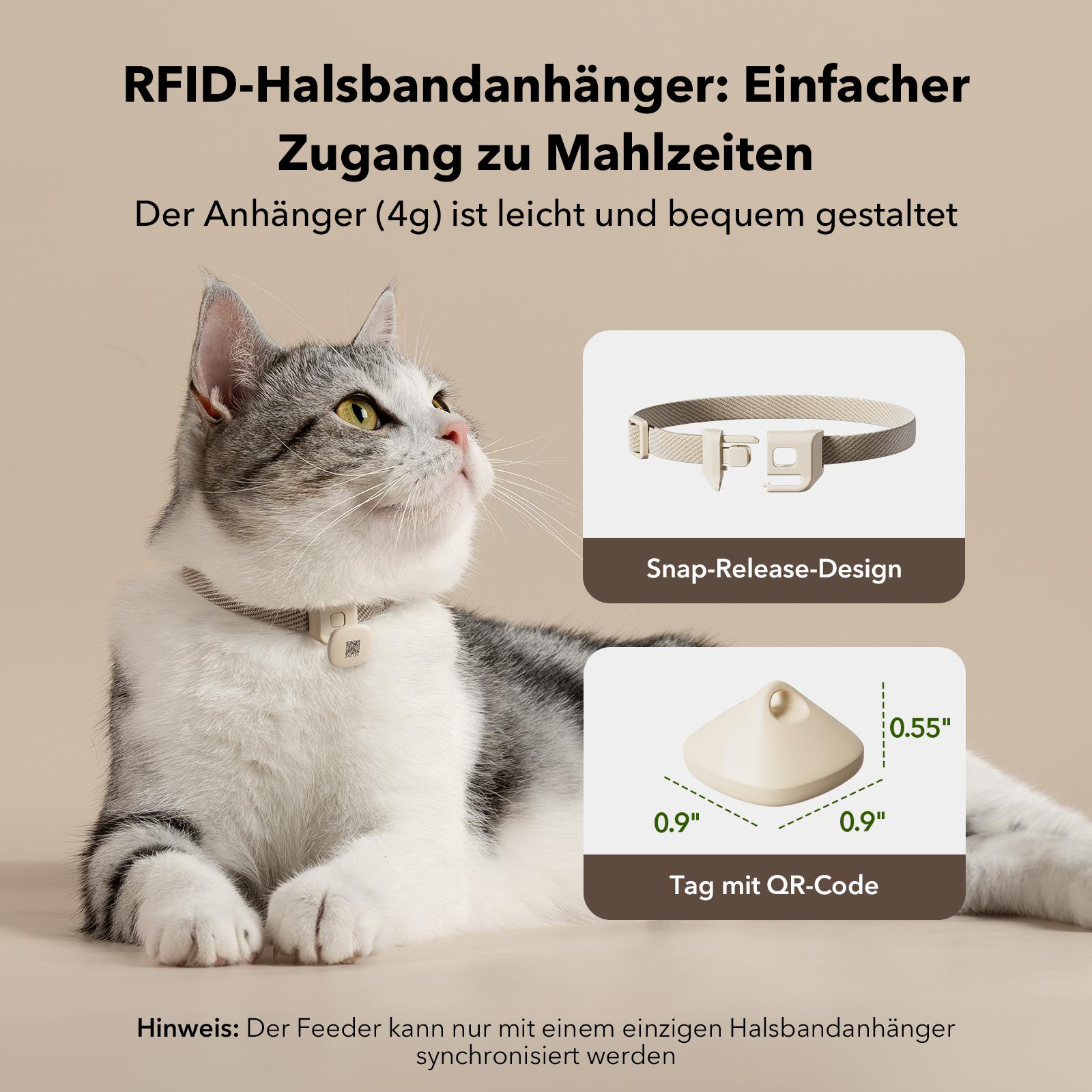 Eine Katze mit Halsband und Anhänger. Text: 'Snap-Release-Design' und 'Tag mit QR-Code'.