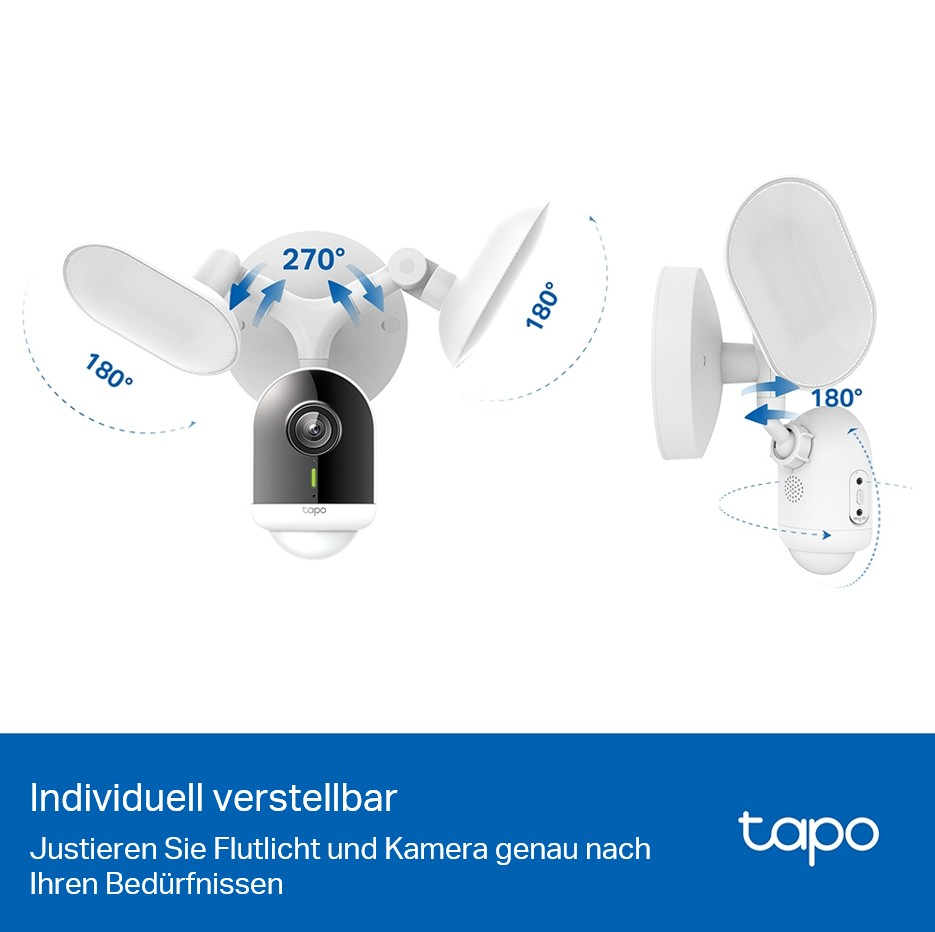 Weiße Überwachungskamera mit verstellbaren Lichtern. Die Lichter und die Kamera können sich drehen. Gradmarkierungen sind sichtbar. Tapo-Logo vorhanden.