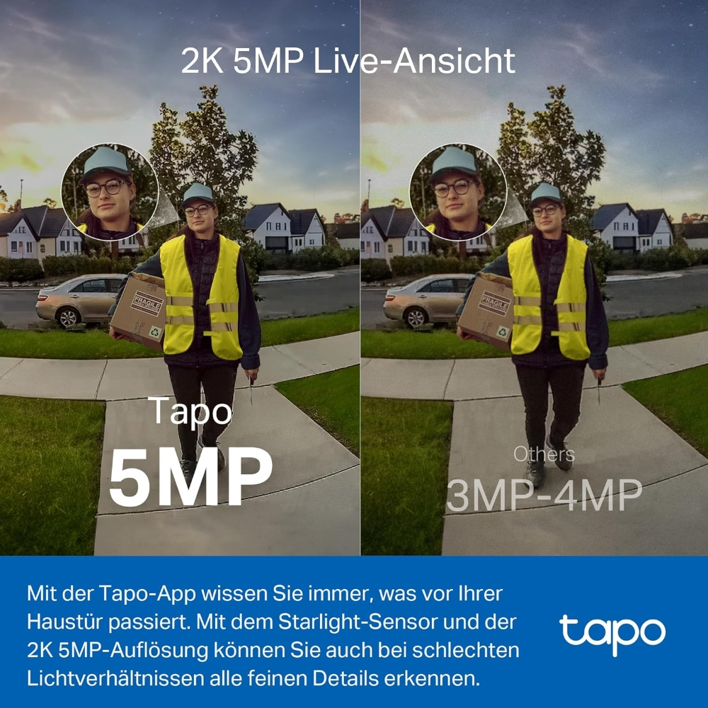 Vergleichsbild: Person mit Paket geht auf Bürgersteig. Häuser und Auto im Hintergrund. Text zeigt 5MP und 3MP-4MP.