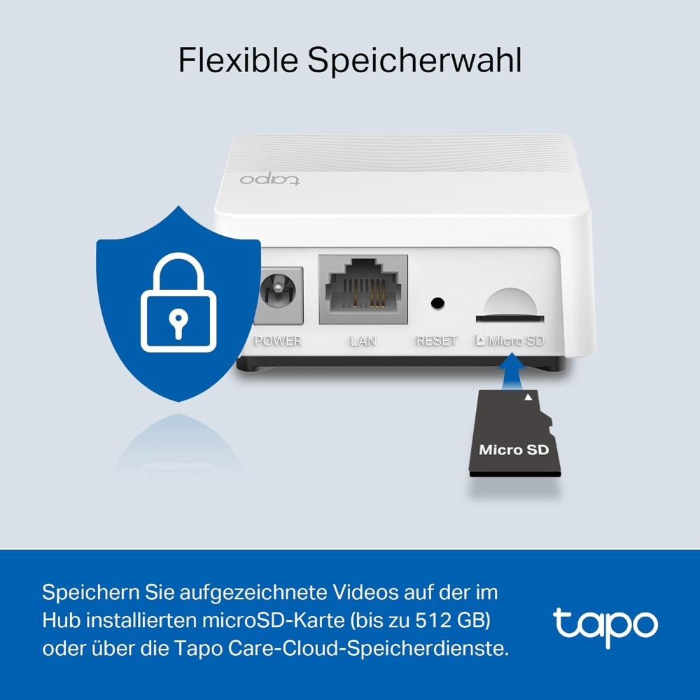 Weißes Gerät mit Anschlüssen, Micro-SD-Karte und Sicherheitsschild. Text: Flexible Speicherwahl, tapo.