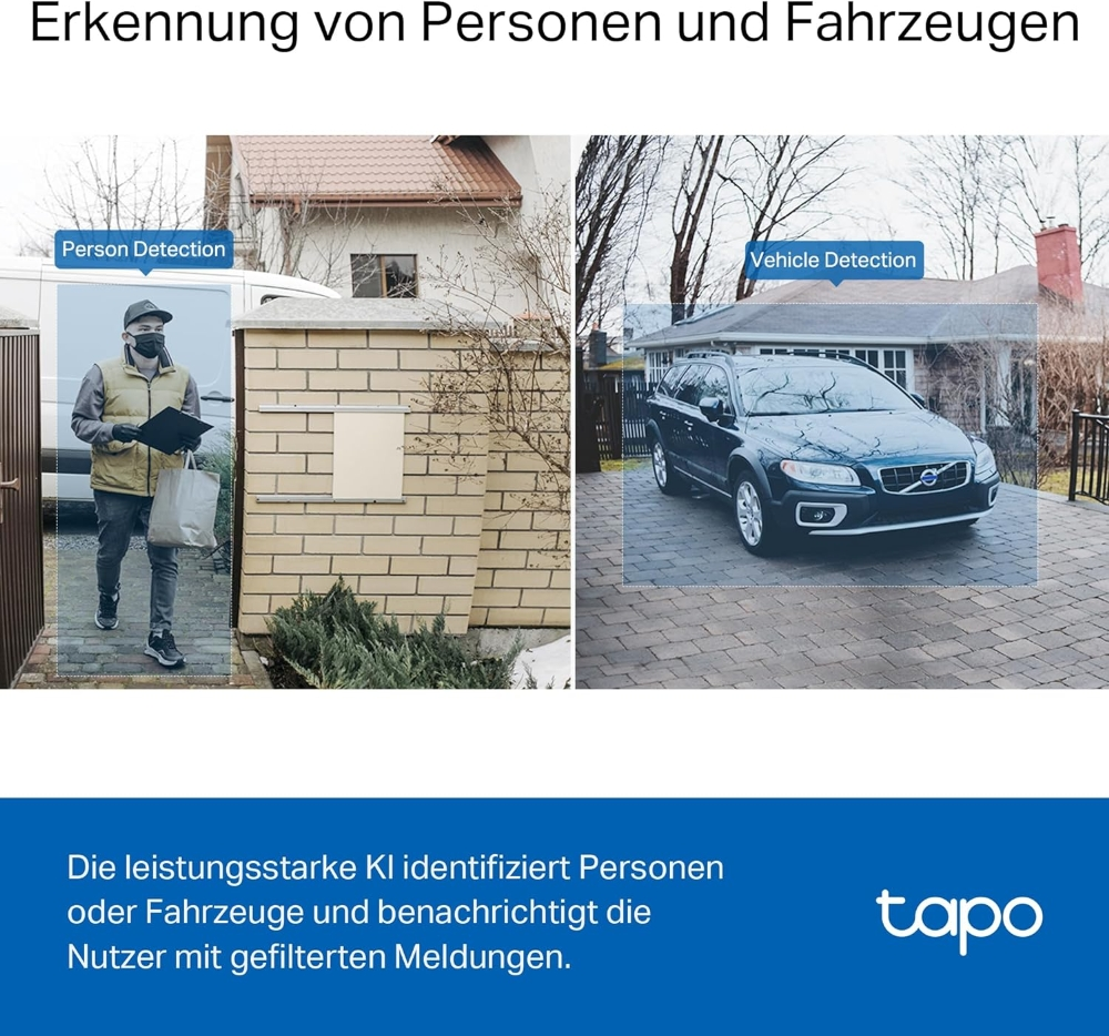 Das Bild zeigt Personen- und Fahrzeugerkennung. Eine Person mit Maske geht mit einer Tüte. Ein Auto parkt vor einem Haus.