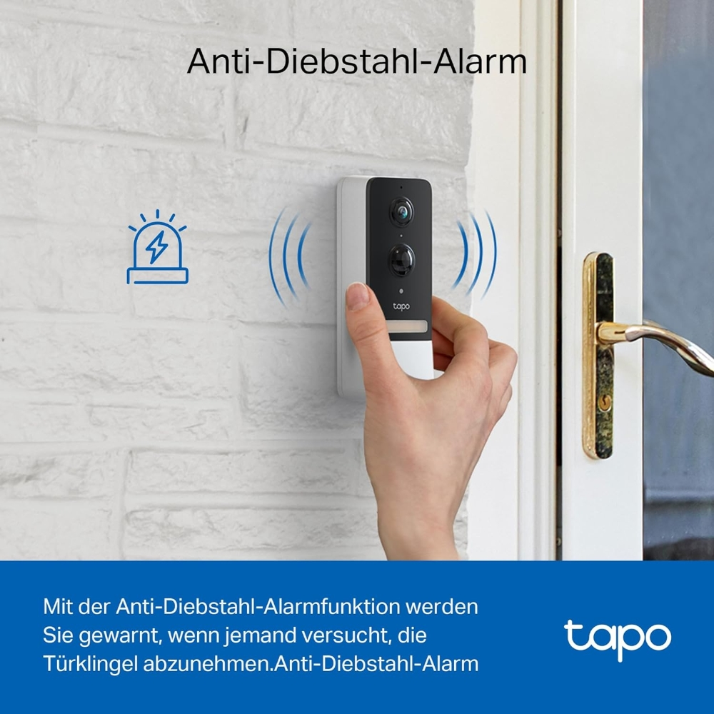 Eine Hand hält eine schwarz-weiße Türklingel. Text oben: 'Anti-Diebstahl-Alarm'. Links ein blaues Alarm-Symbol.