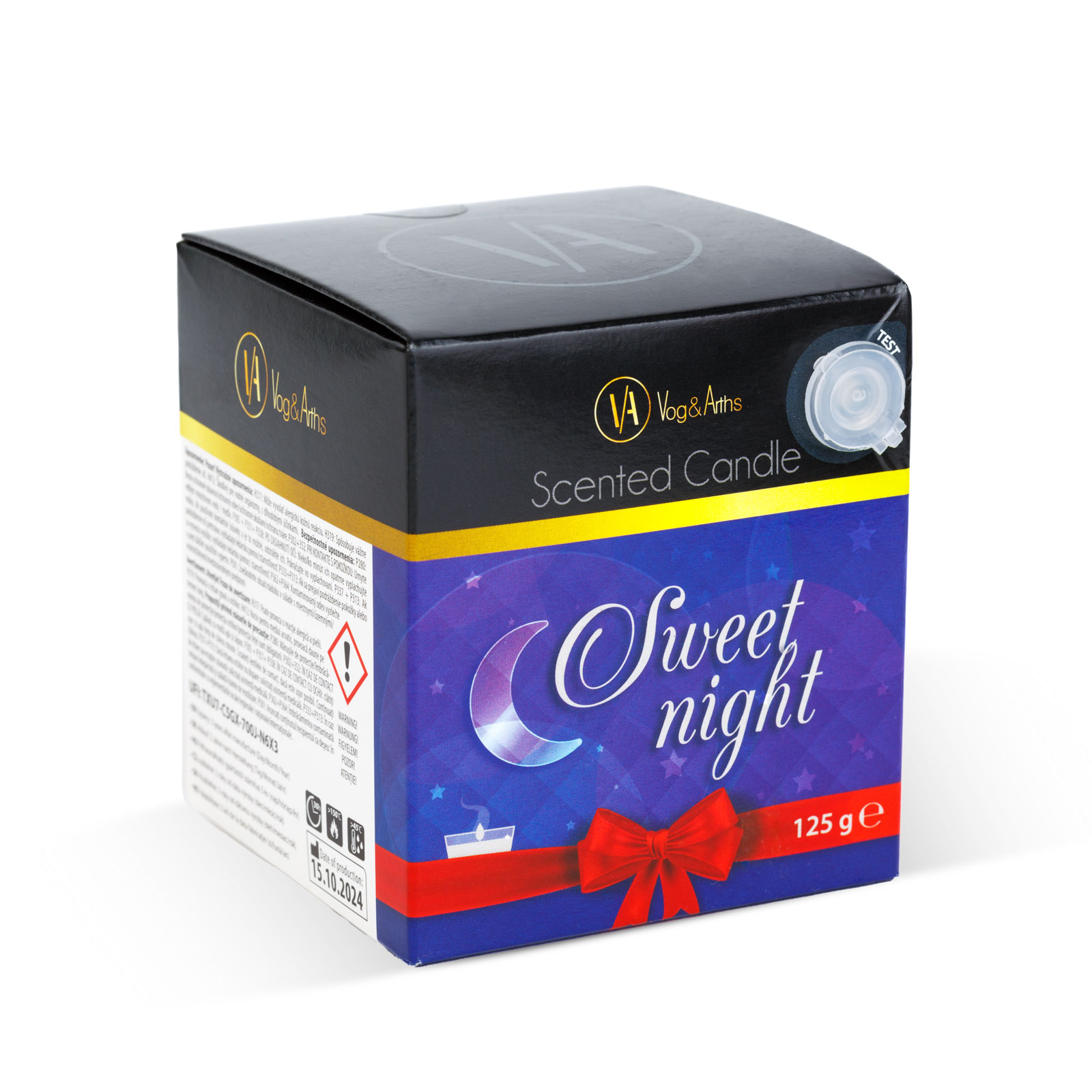 Illatgyertya doboza. Fekete tetejű, kék és lila előlap holddal és masnival, a felirat: 'Sweet night'.