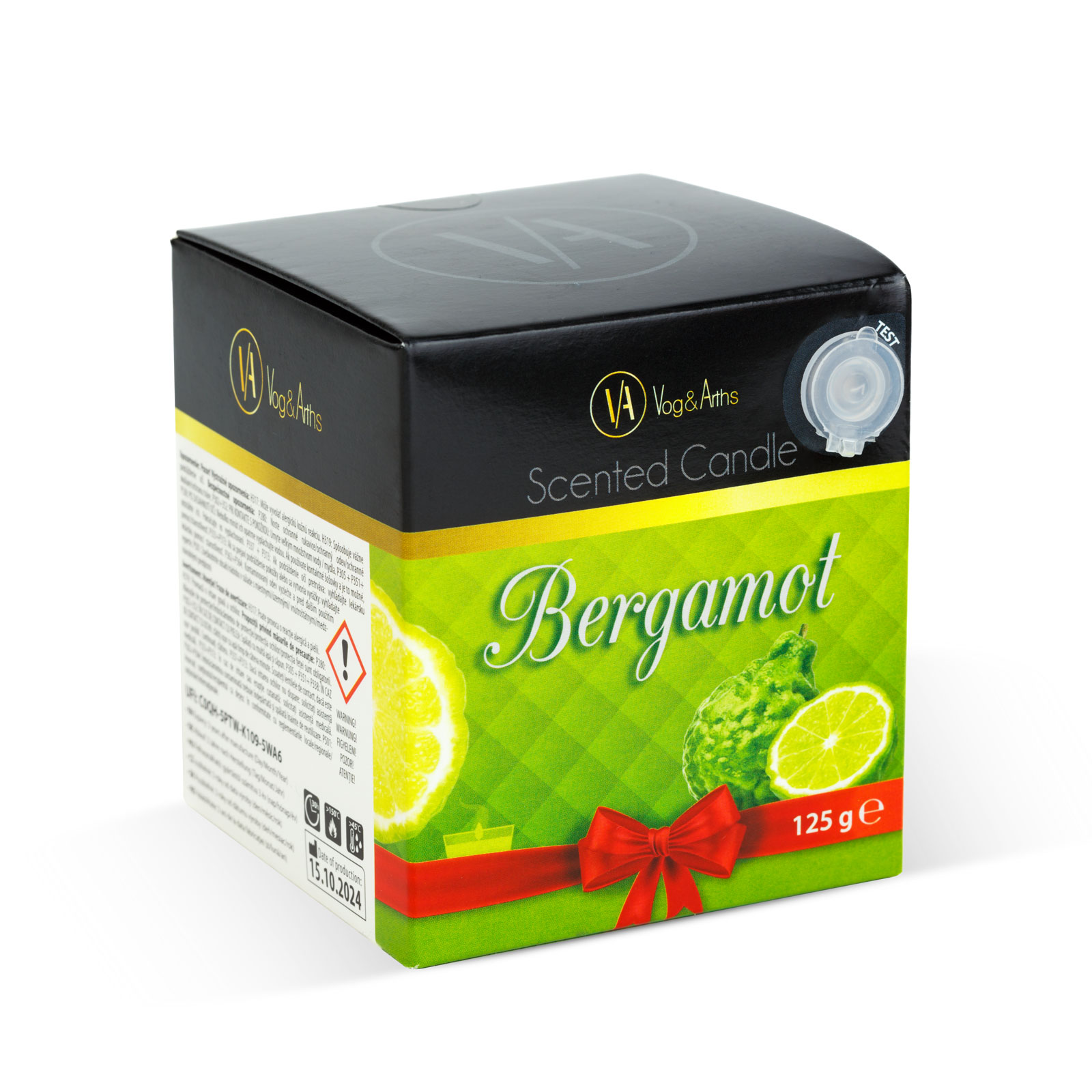 Bergamott illatgyertya doboza. Zöld, fekete és piros színek. Gyümölcs képeket és szöveget tartalmaz. 125g.