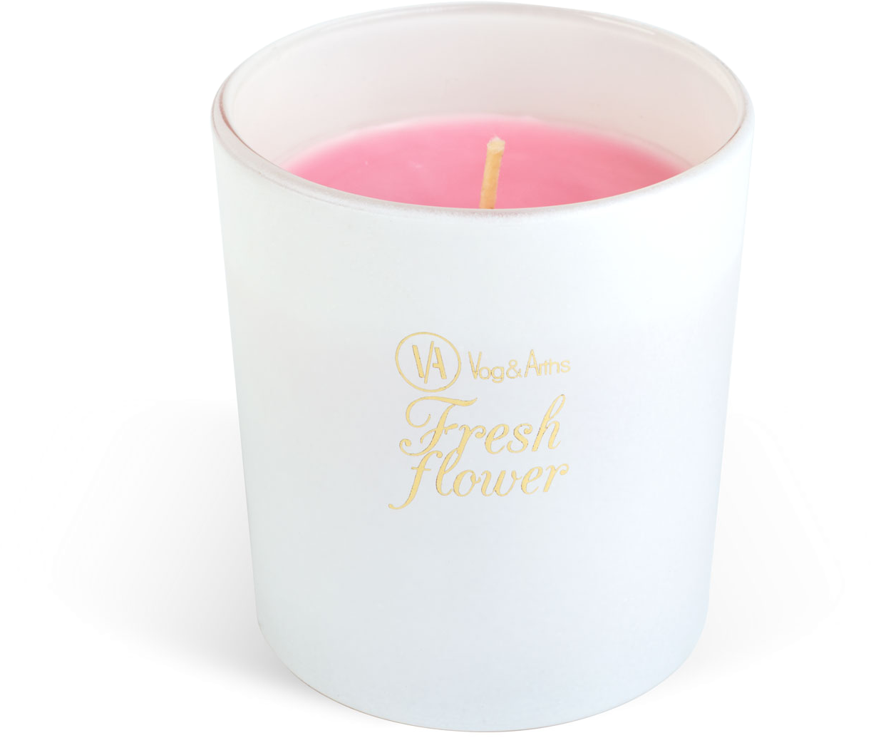 Fehér gyertya üvegben, rózsaszín viasszal és kanóccal. Arany szövege van, 'Fresh Flower'.